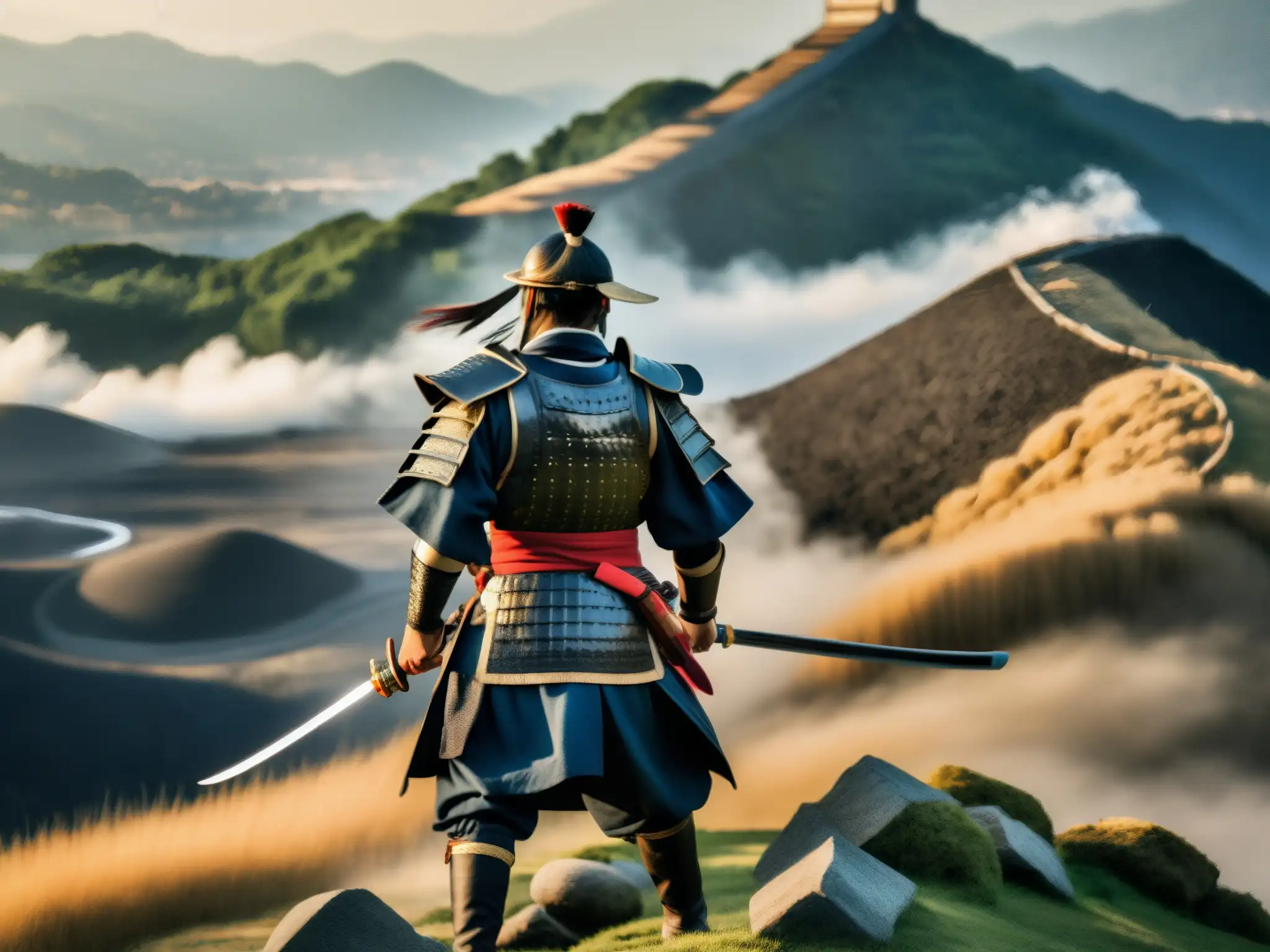 Taira Masakado rebelde samurái lidera valiente rebelión en Japón antiguo, con determinación y fuerza en su mirada