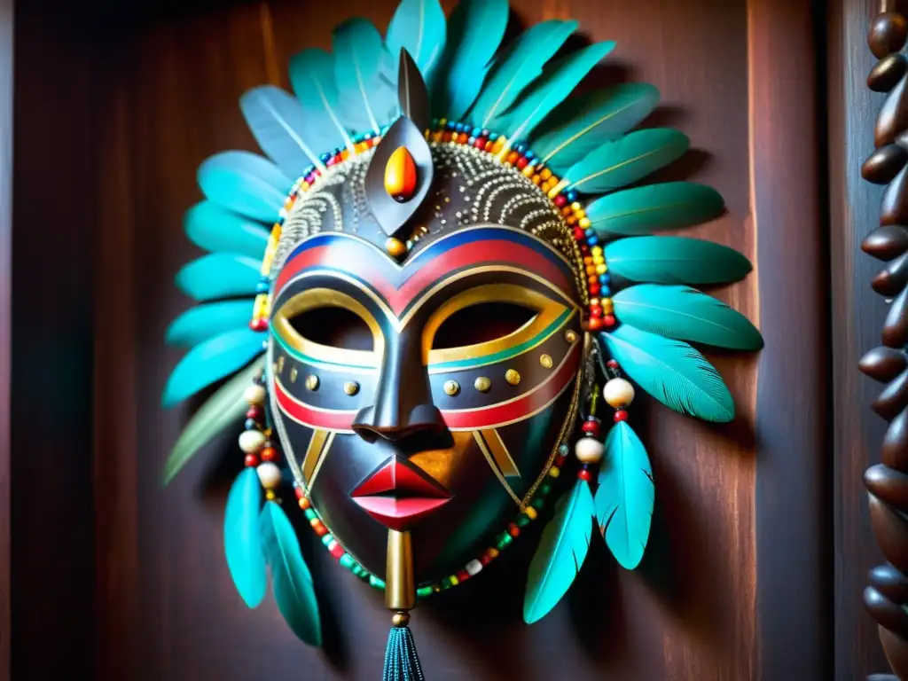 Una máscara africana tallada en madera oscura y adornada con cuentas y plumas, emitiendo misterio y poder en un ambiente atmosférico