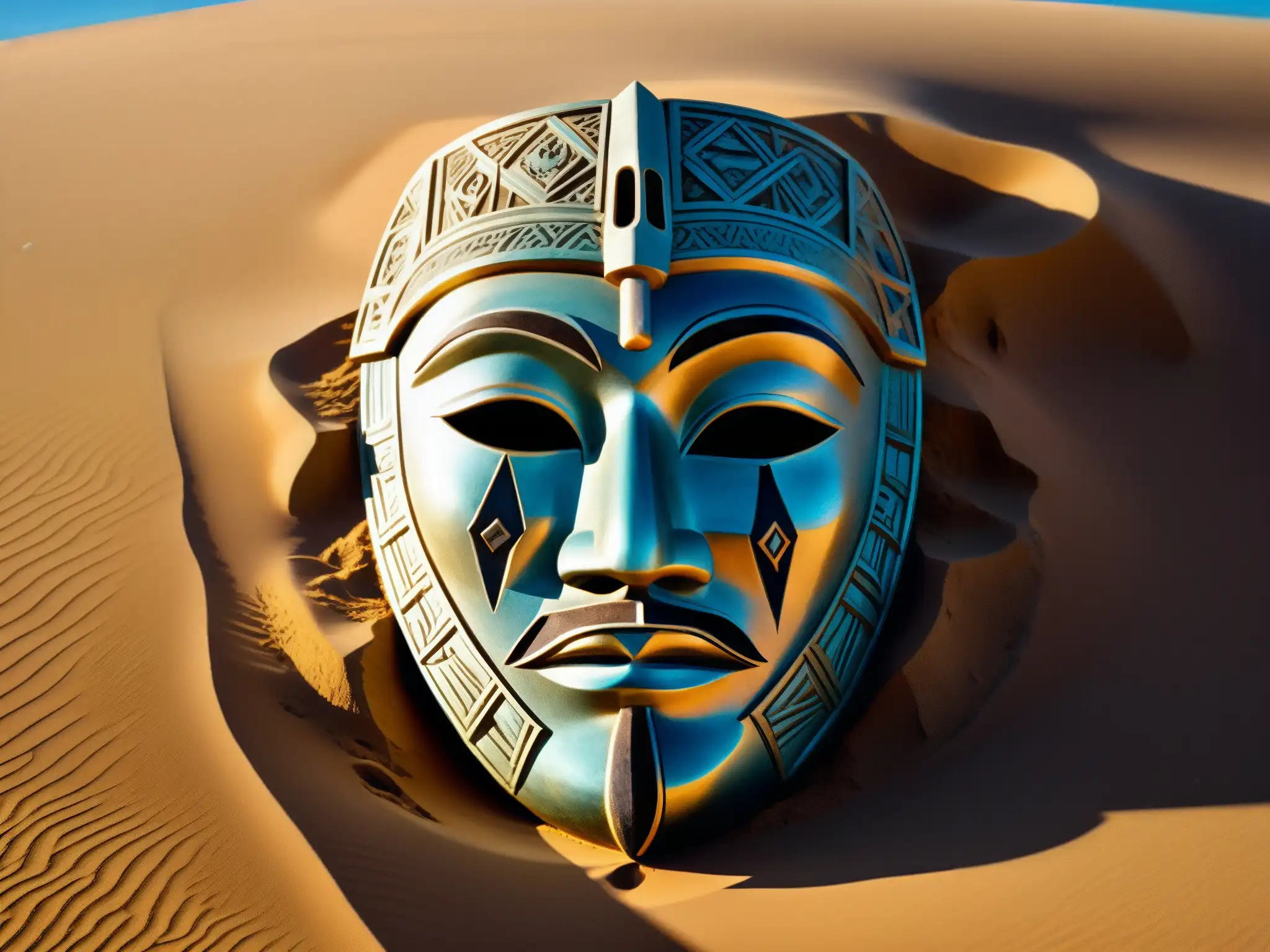 Una máscara antigua y desgastada medio enterrada en la arena del desierto bajo un cielo azul claro, revelando la historia del Hombre Sin Rostro