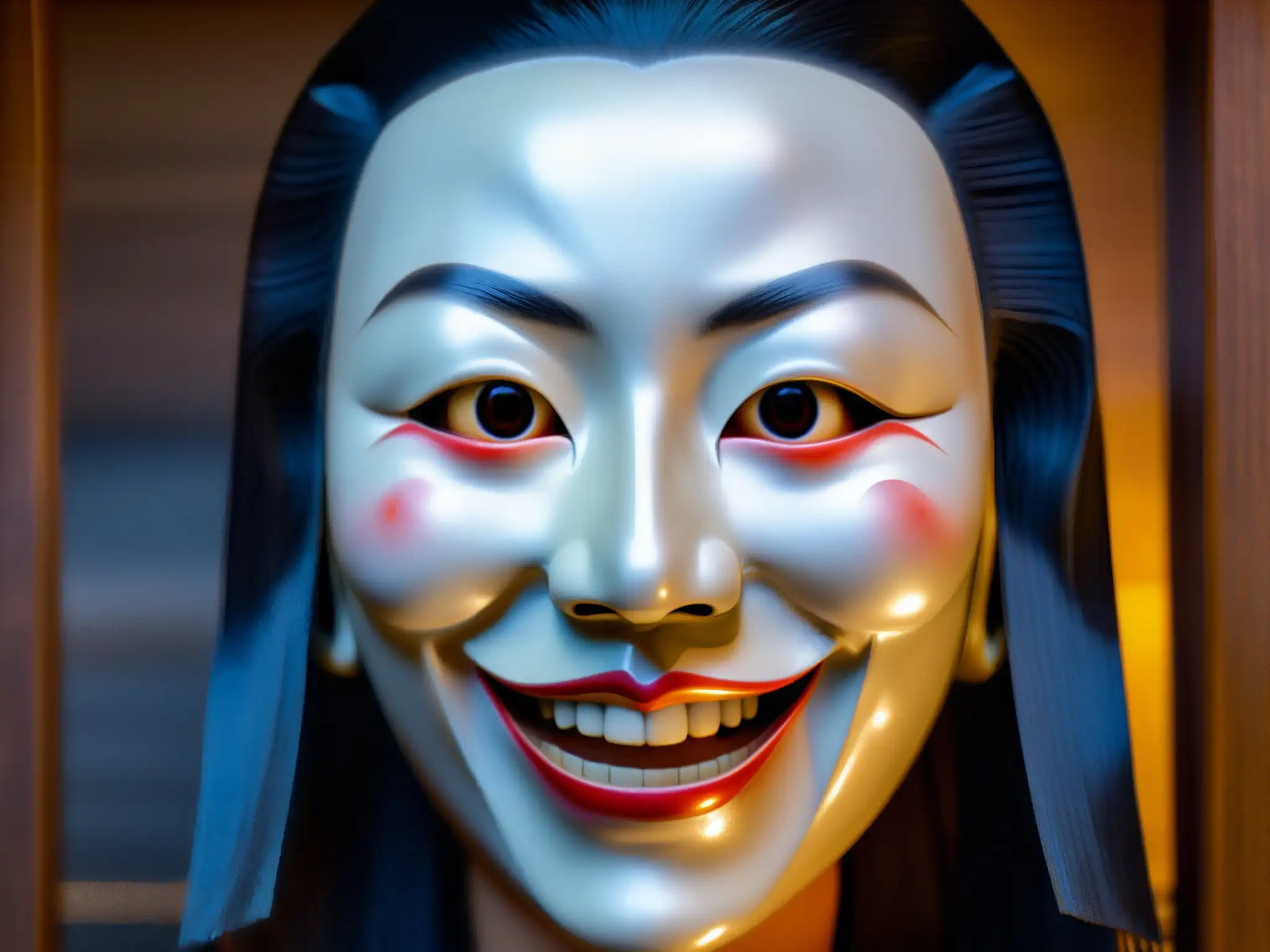 Una máscara Noh japonesa desgastada representa a la icónica 'Kuchisake Onna'