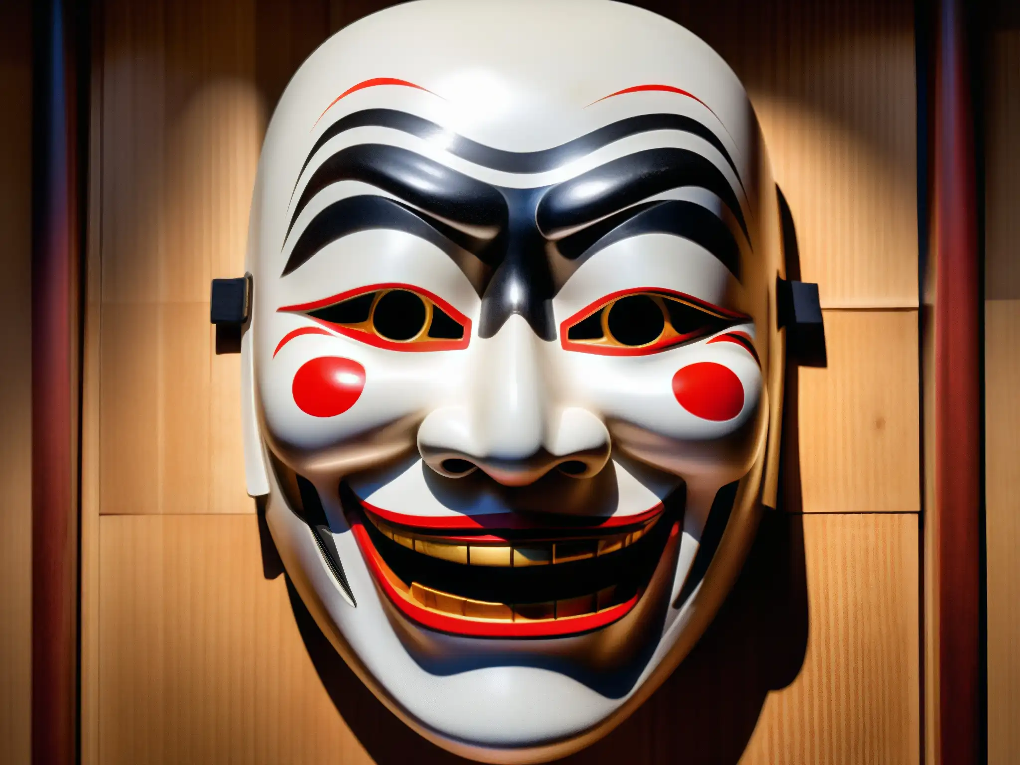 Una máscara japonesa Noh detallada y aterradora, con expresión intensa y dramática, iluminada por un haz de luz