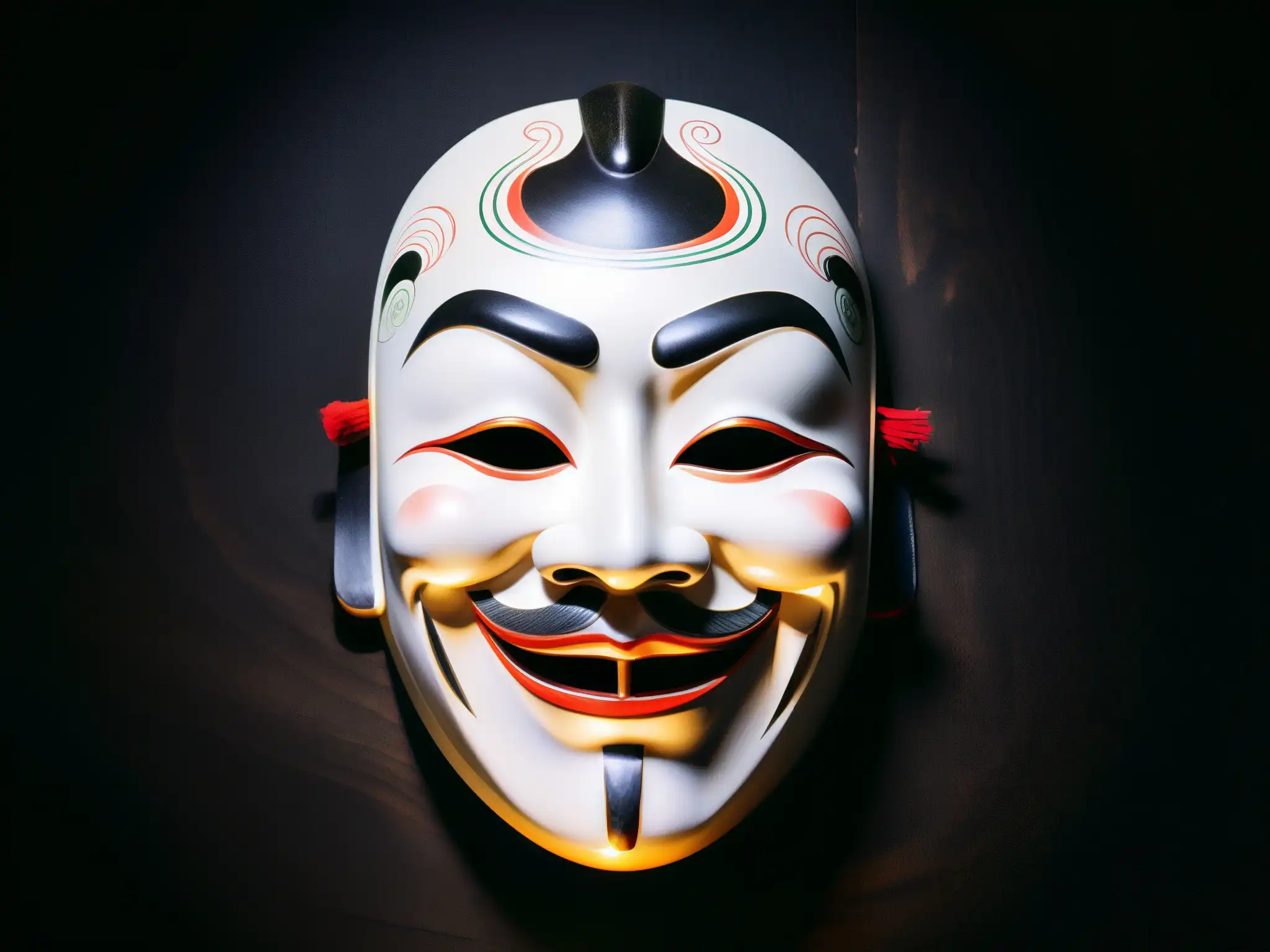Una máscara japonesa Noh con detalles intrincados, iluminada en un fondo oscuro, evocando al Misterioso Hombre Sin Rostro Japonés