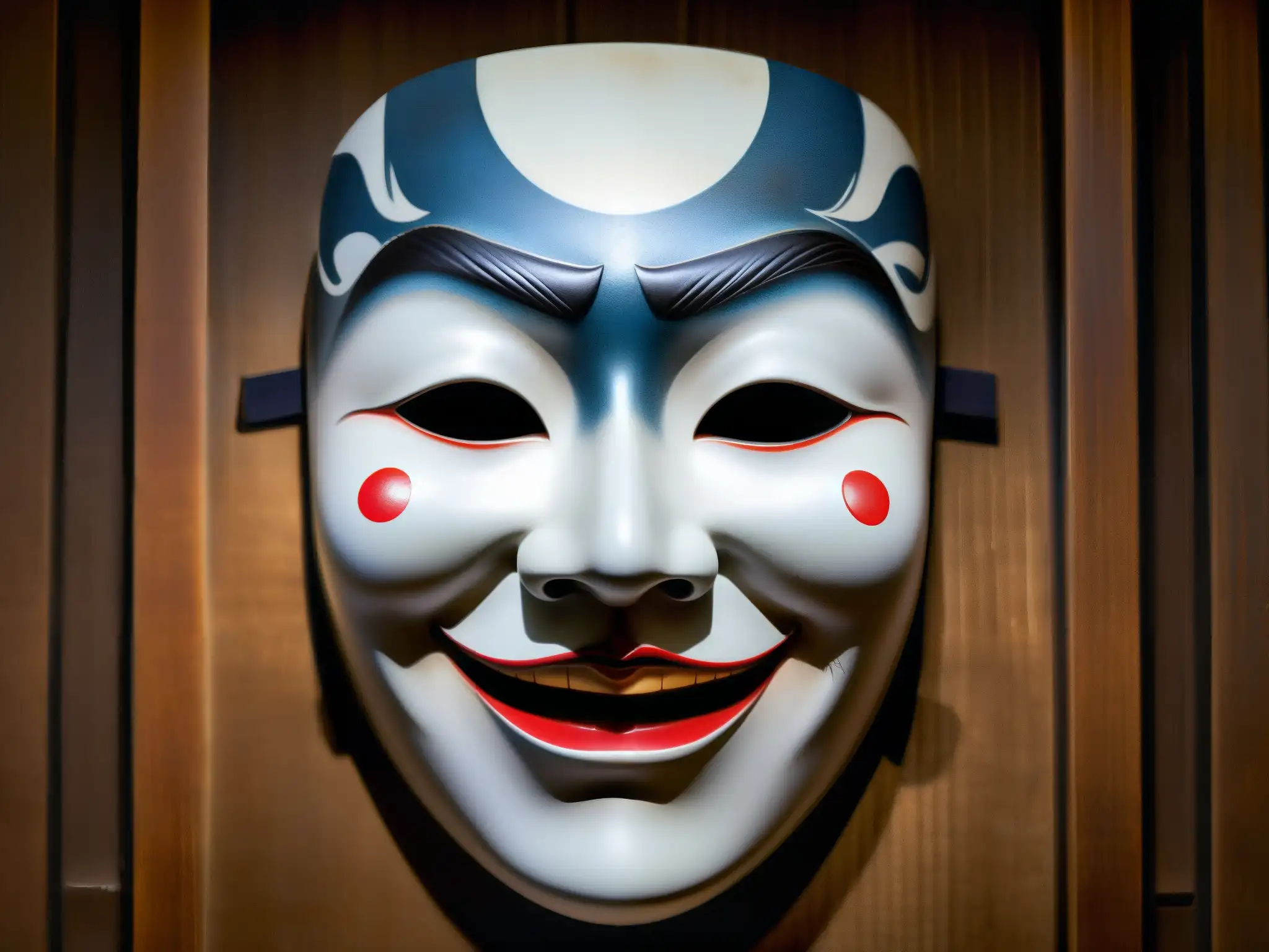 Una máscara japonesa Noh de KuchisakeOnna, con detalles sutiles y una atmósfera misteriosa que evoca el origen del mito japonés