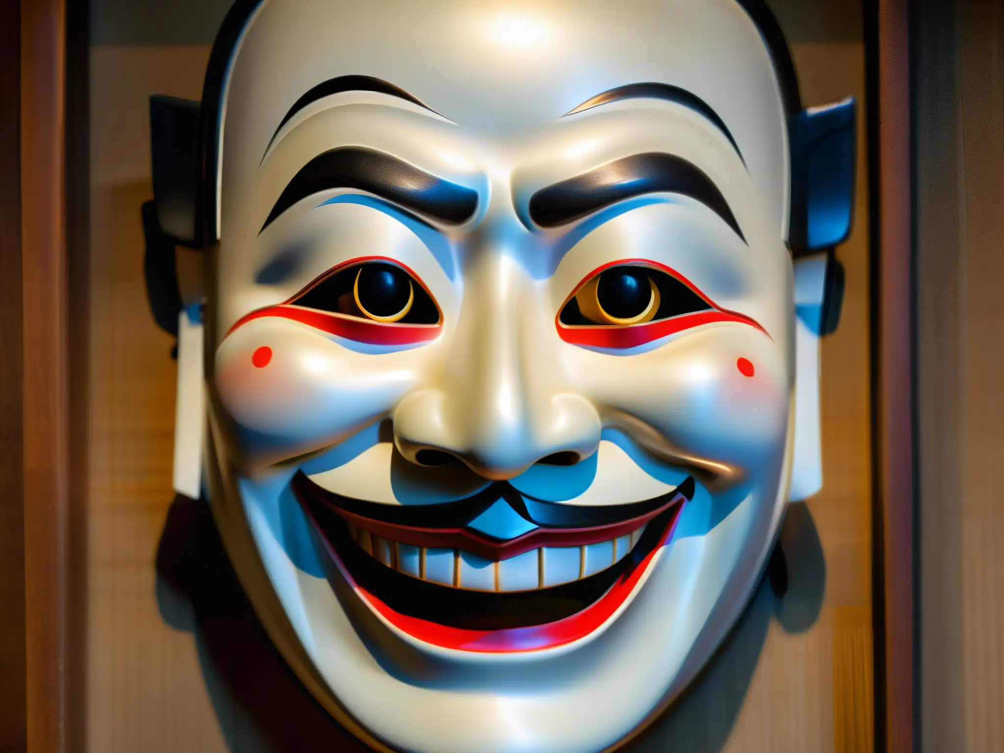 Una máscara Noh japonesa con expresión enigmática y detallada artesanía