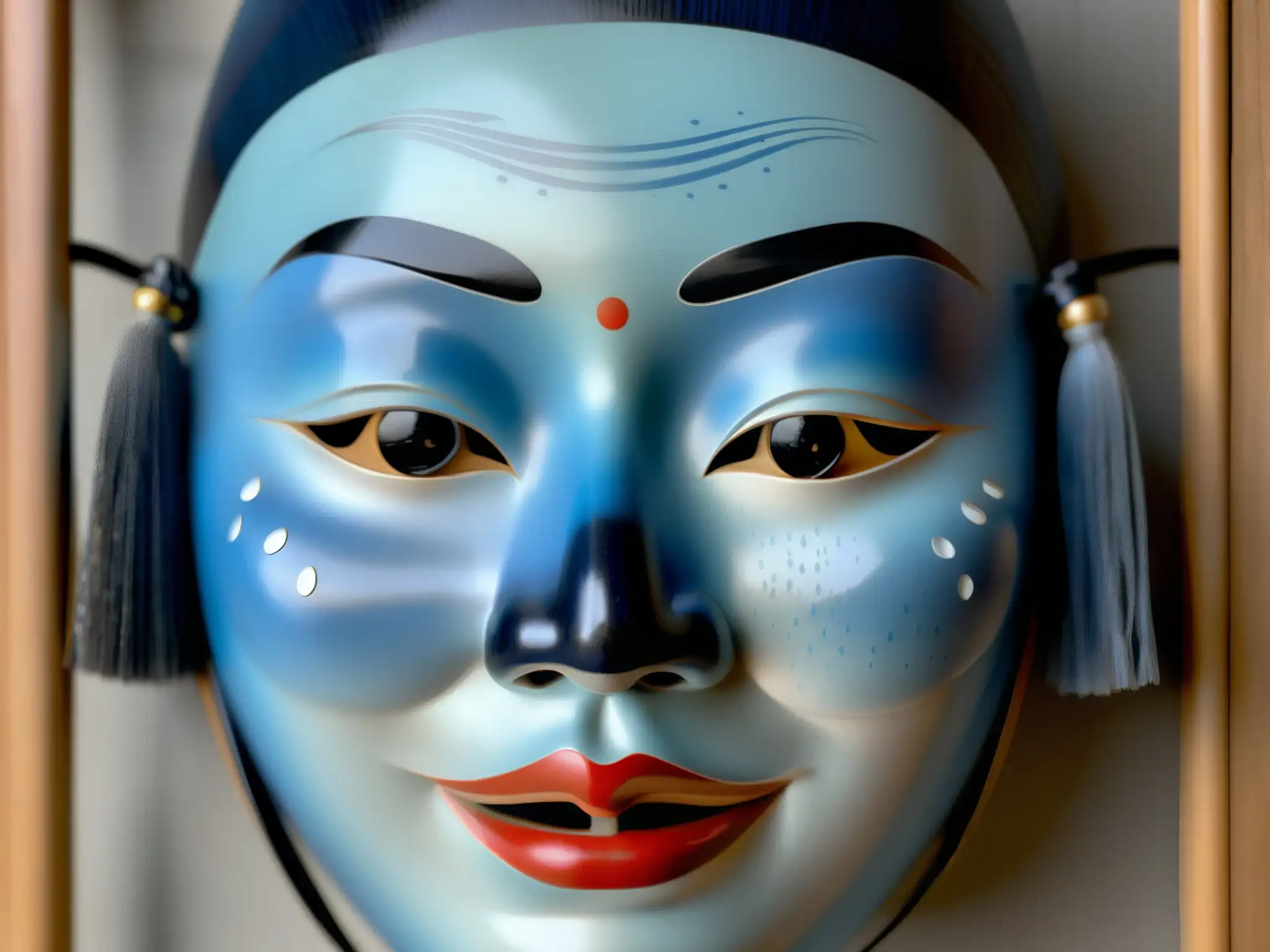 Una máscara Noh japonesa hecha a mano, representando a la AmeOnna, con delicados detalles y una expresión serena