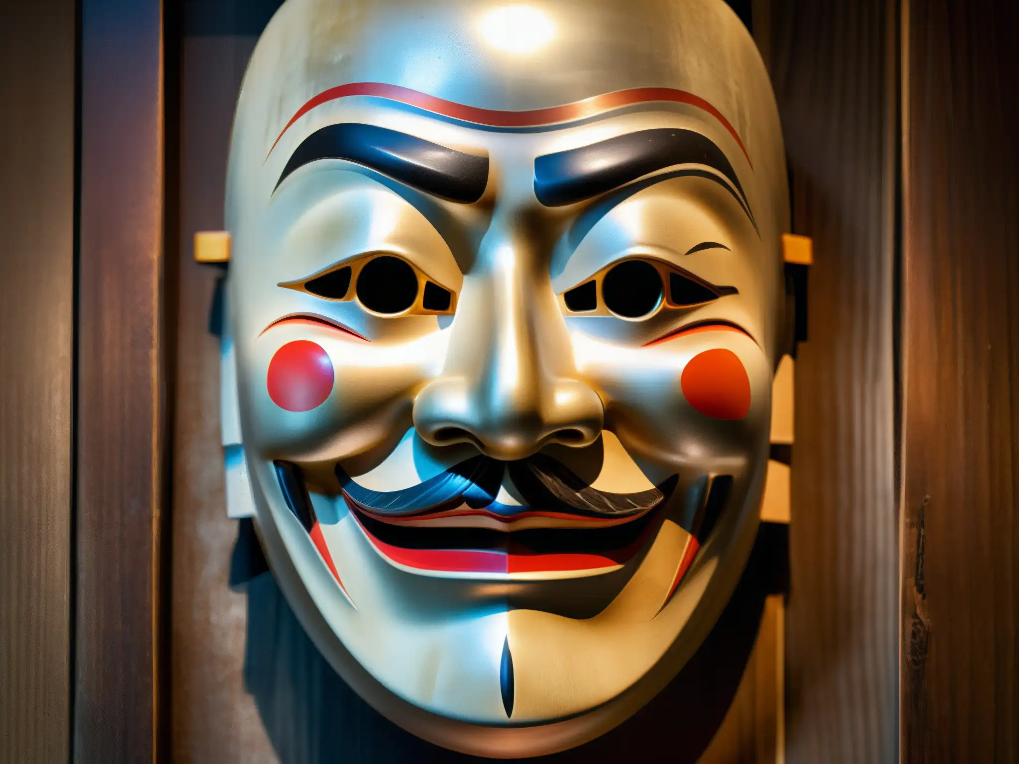 Una máscara Noh japonesa de madera, iluminada por una luz etérea, revela detalles tallados y expresiones fantasmales