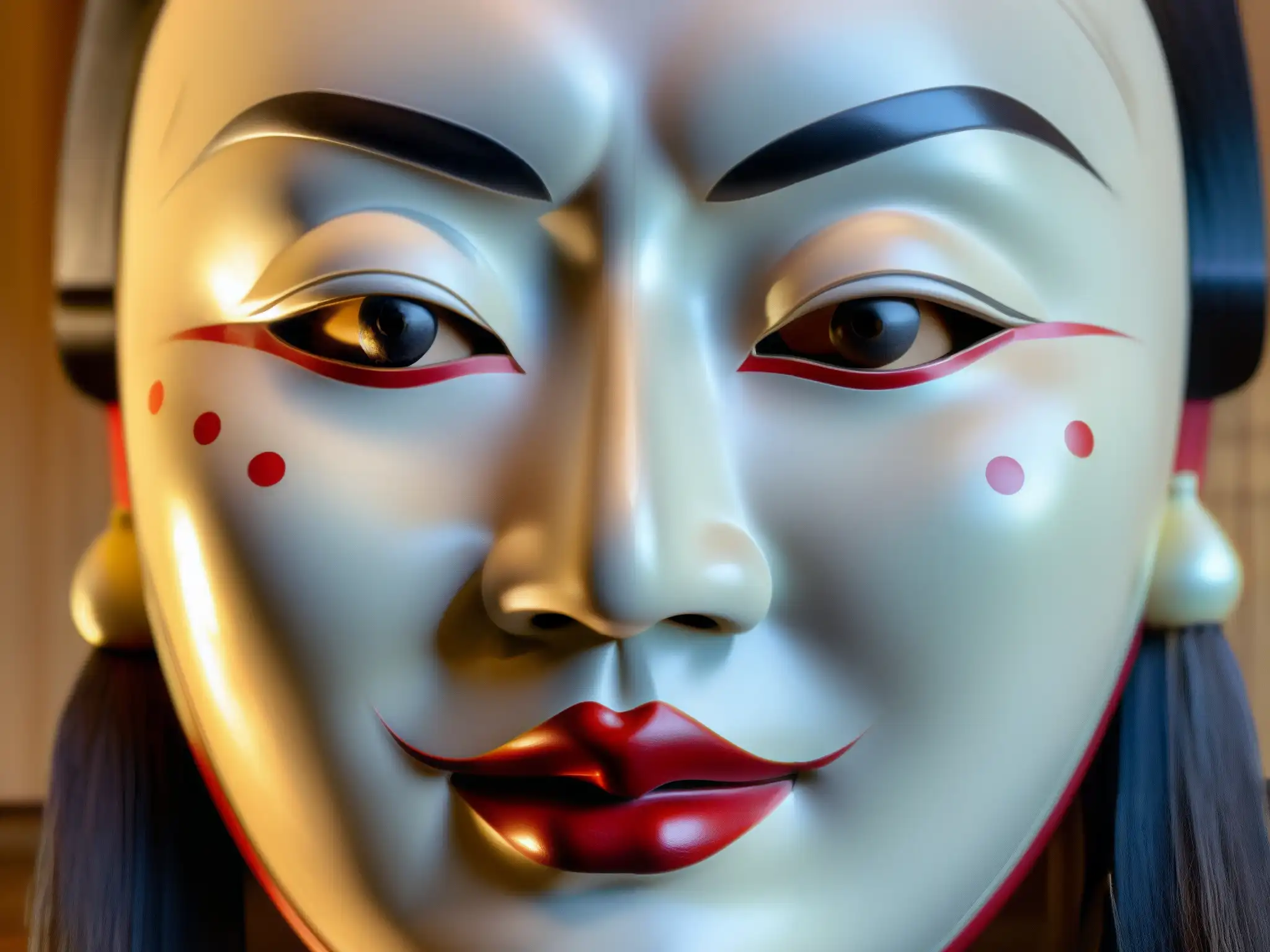 Una máscara Noh japonesa con rostro femenino sereno y detallados rasgos pintados en alta resolución