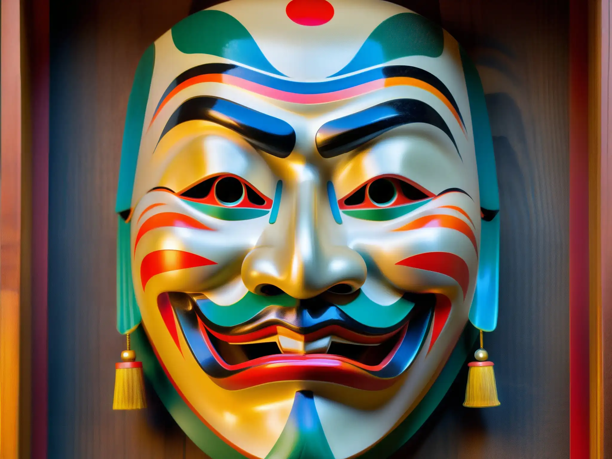 Una máscara Noh japonesa tallada en madera, con colores vibrantes que representan un ser mítico del folklore japonés