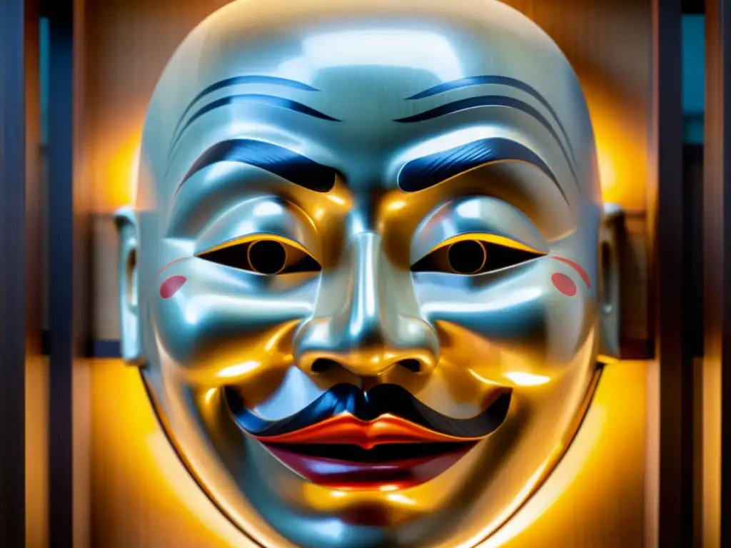Una máscara Noh japonesa tallada y pintada con expresión enigmática, iluminada por luz natural