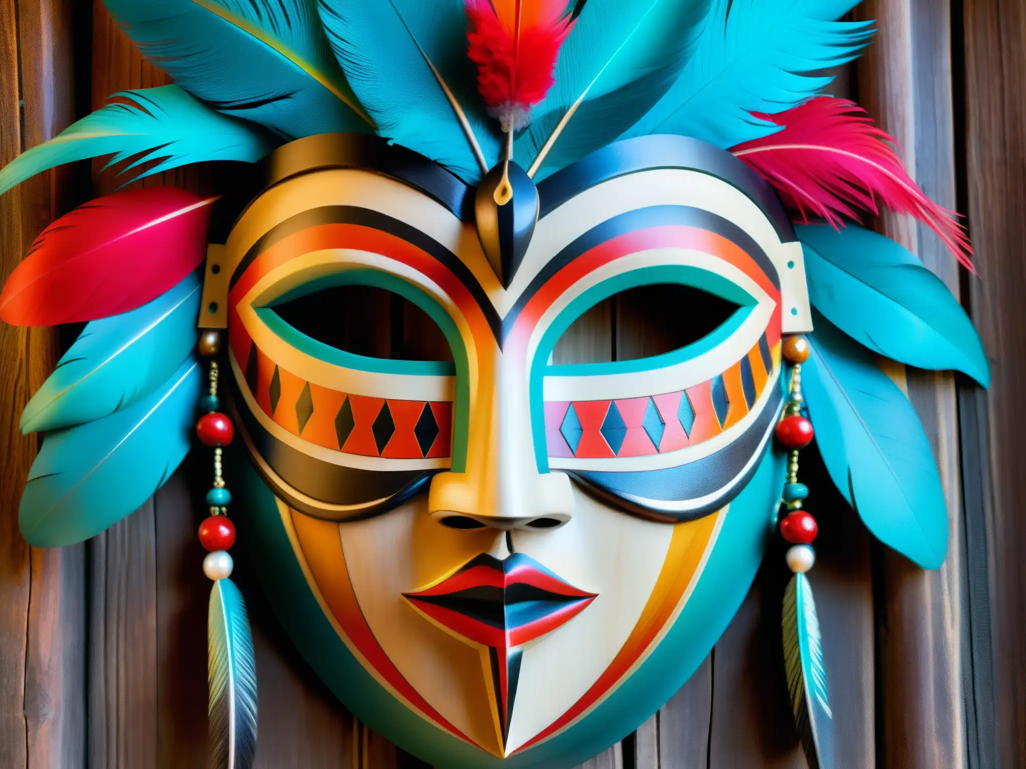 Una máscara de madera tallada a mano, con plumas vibrantes y patrones tribales, emana misticismo y sabiduría ancestral