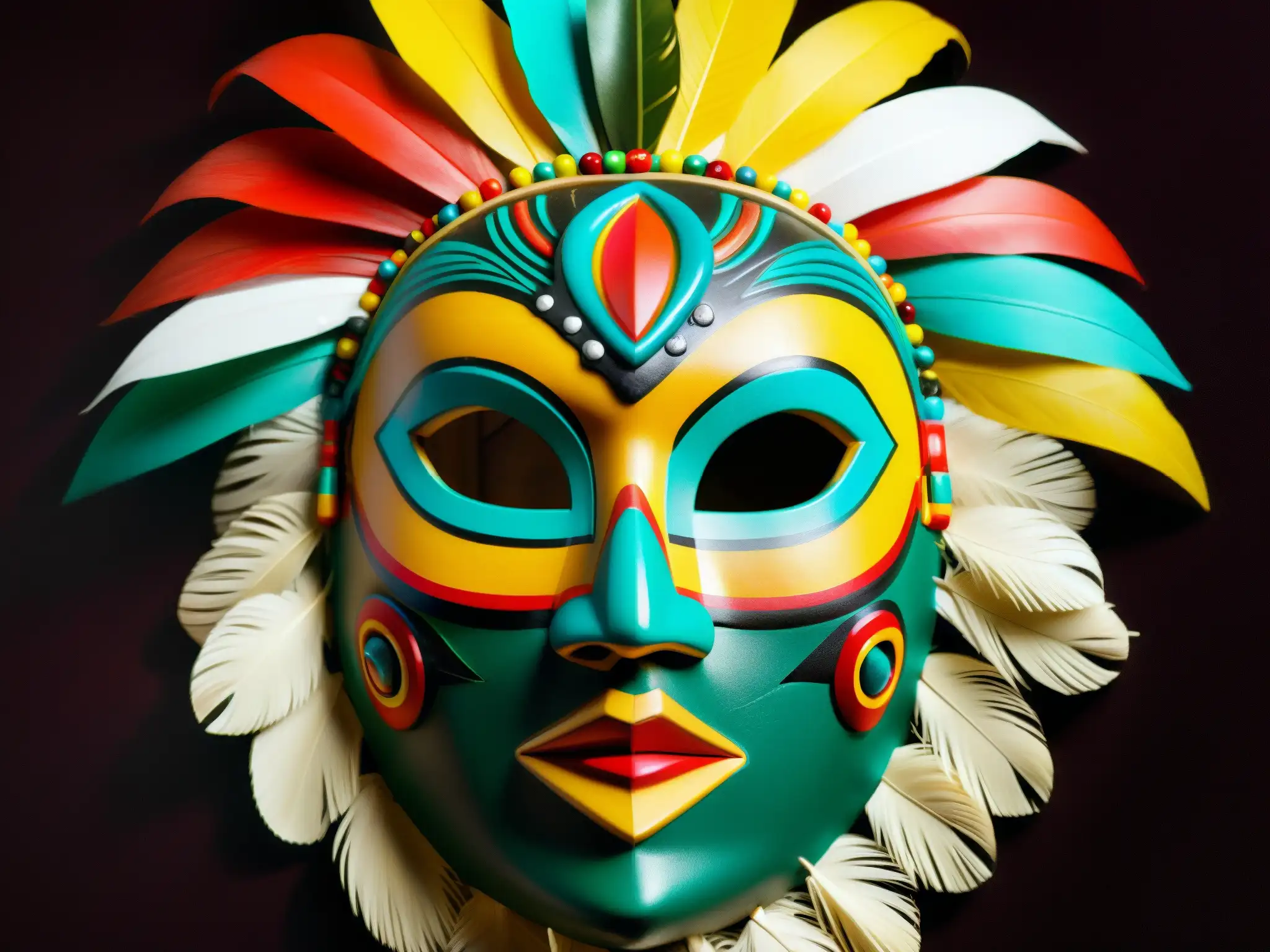 Una máscara mexicana tradicional de un nahual, con detalles intrincados y colores vibrantes, resalta la transformación mística en la cultura popular