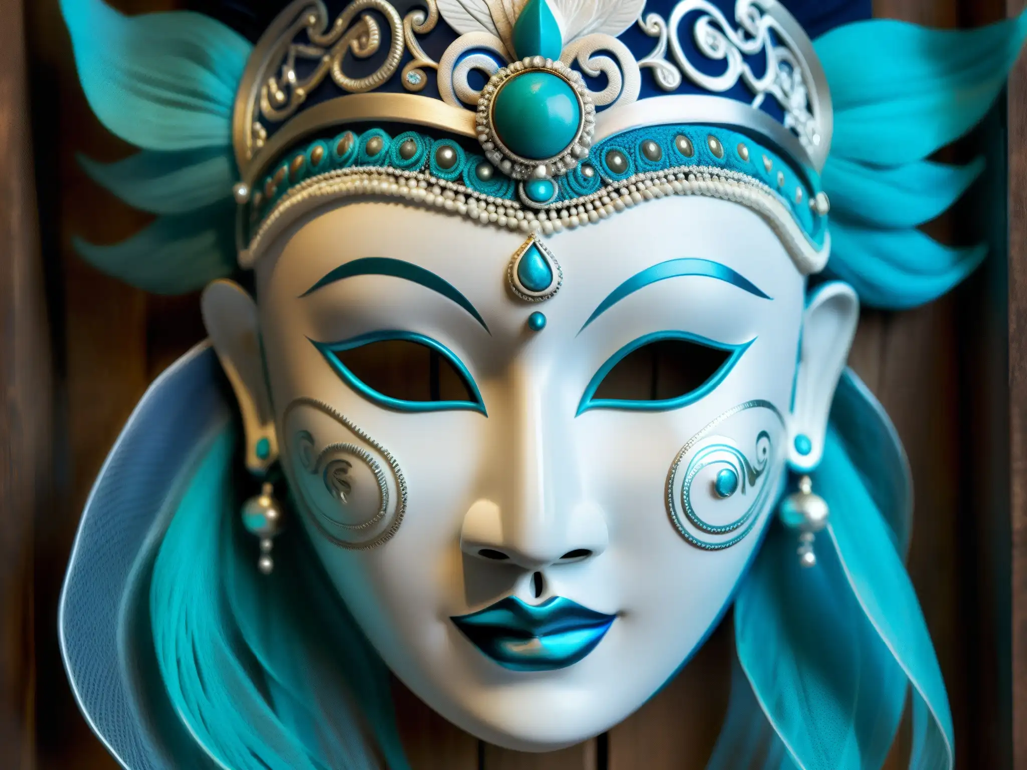 Una máscara nepalesa de la Dama de Blanco, con detalles intrincados y colores fantasmales, representa la elegancia y misterio del mito nepalés