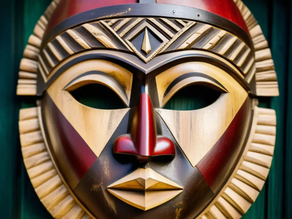 Una máscara tallada de madera de Accra, Ghana, con ricos detalles y texturas que evocan la tradición y misterio de las máscaras malditas