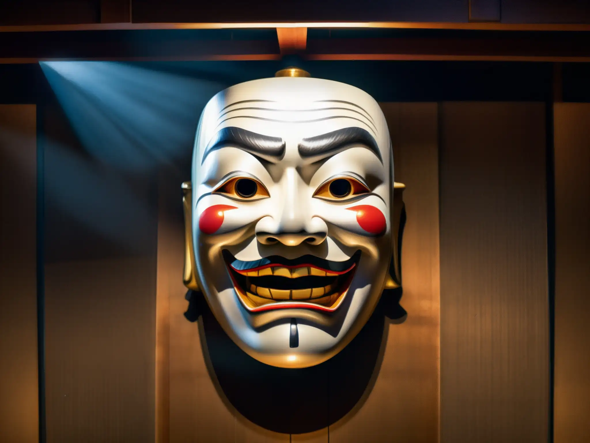 Máscara Hanya terror en escenario teatral japonés, con luz y sombra evocando antigua maldición y folklore sobrenatural