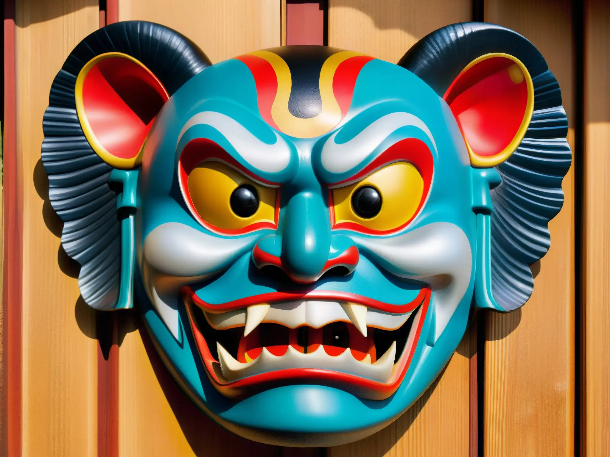 Una máscara tradicional japonesa de yokai, con colores vibrantes y detalles intrincados