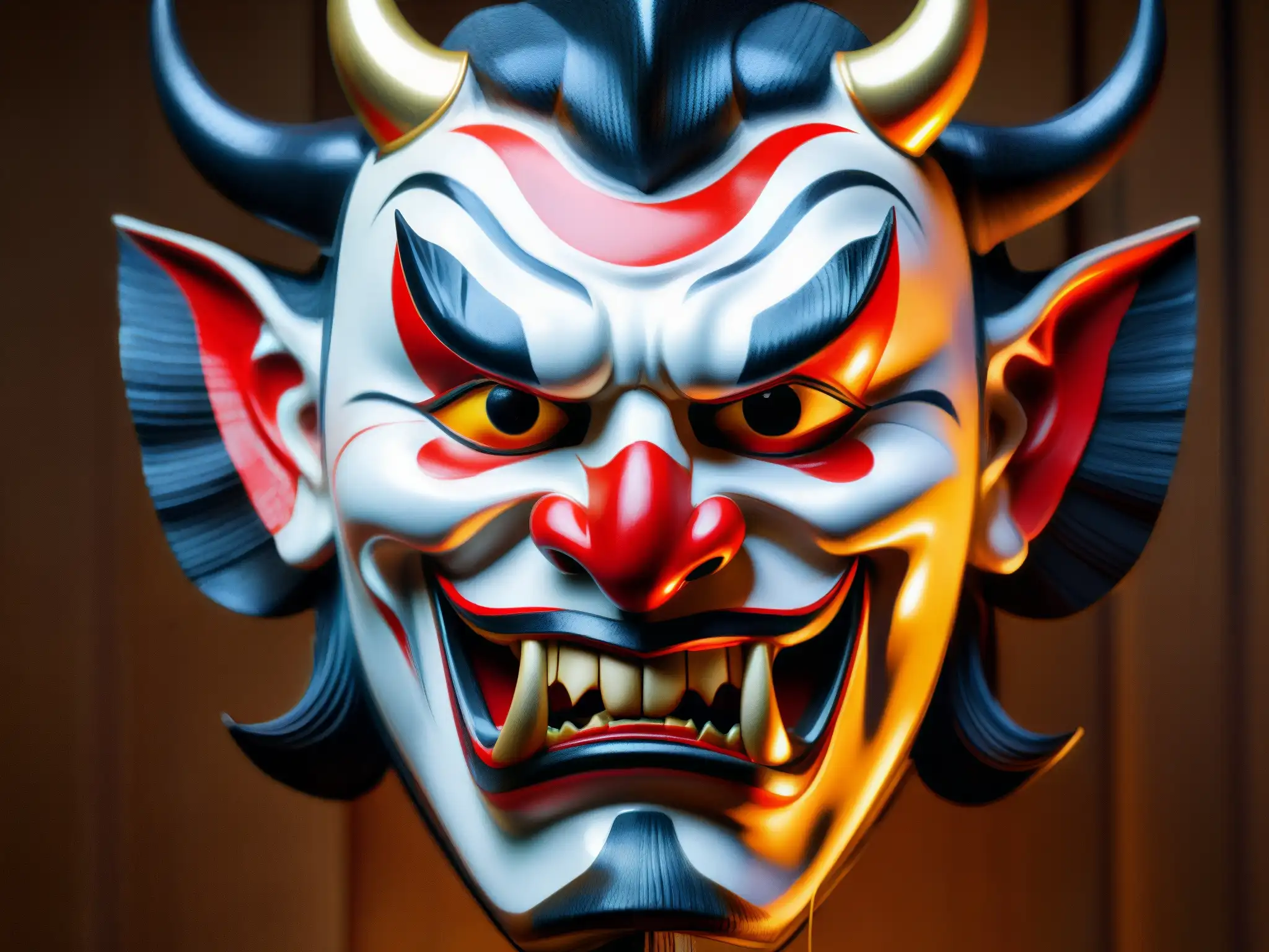 Una máscara tradicional japonesa Noh del demonio 'Oni' con colores rojos y negros, detalle intrincado y expresión inquietante, que evoca la historia del Hombre del Saco en la cultura japonesa