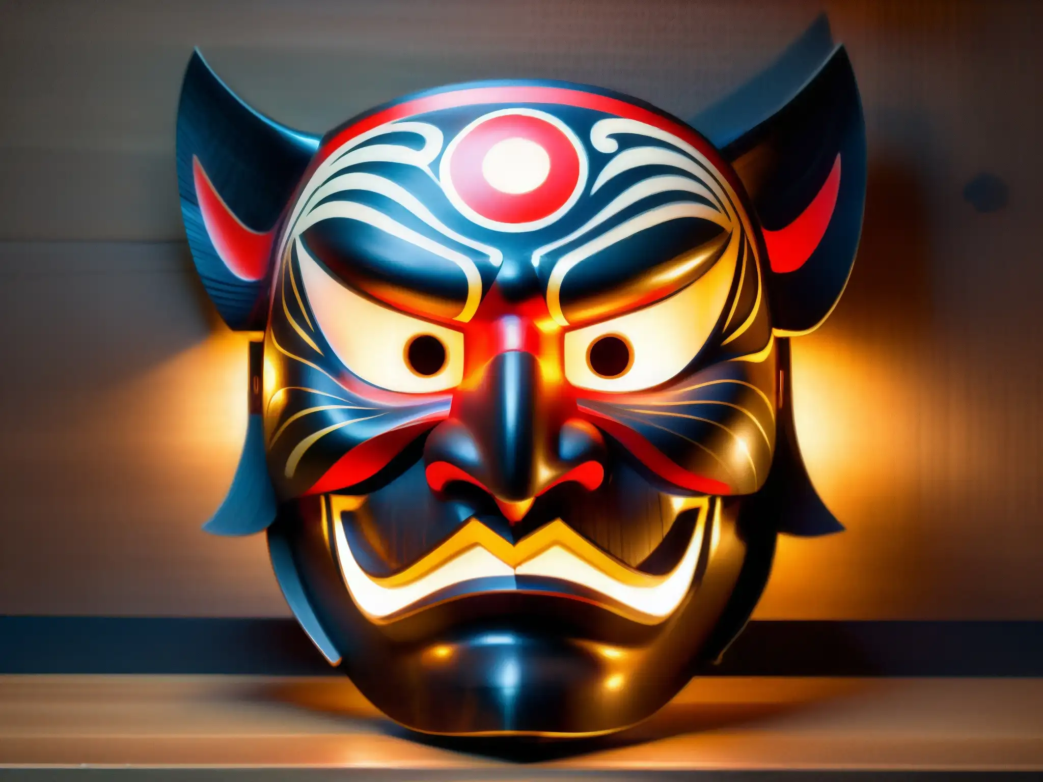 Una máscara tradicional japonesa Tengu iluminada por la luz de las velas, revelando sus detalles y creando un ambiente enigmático