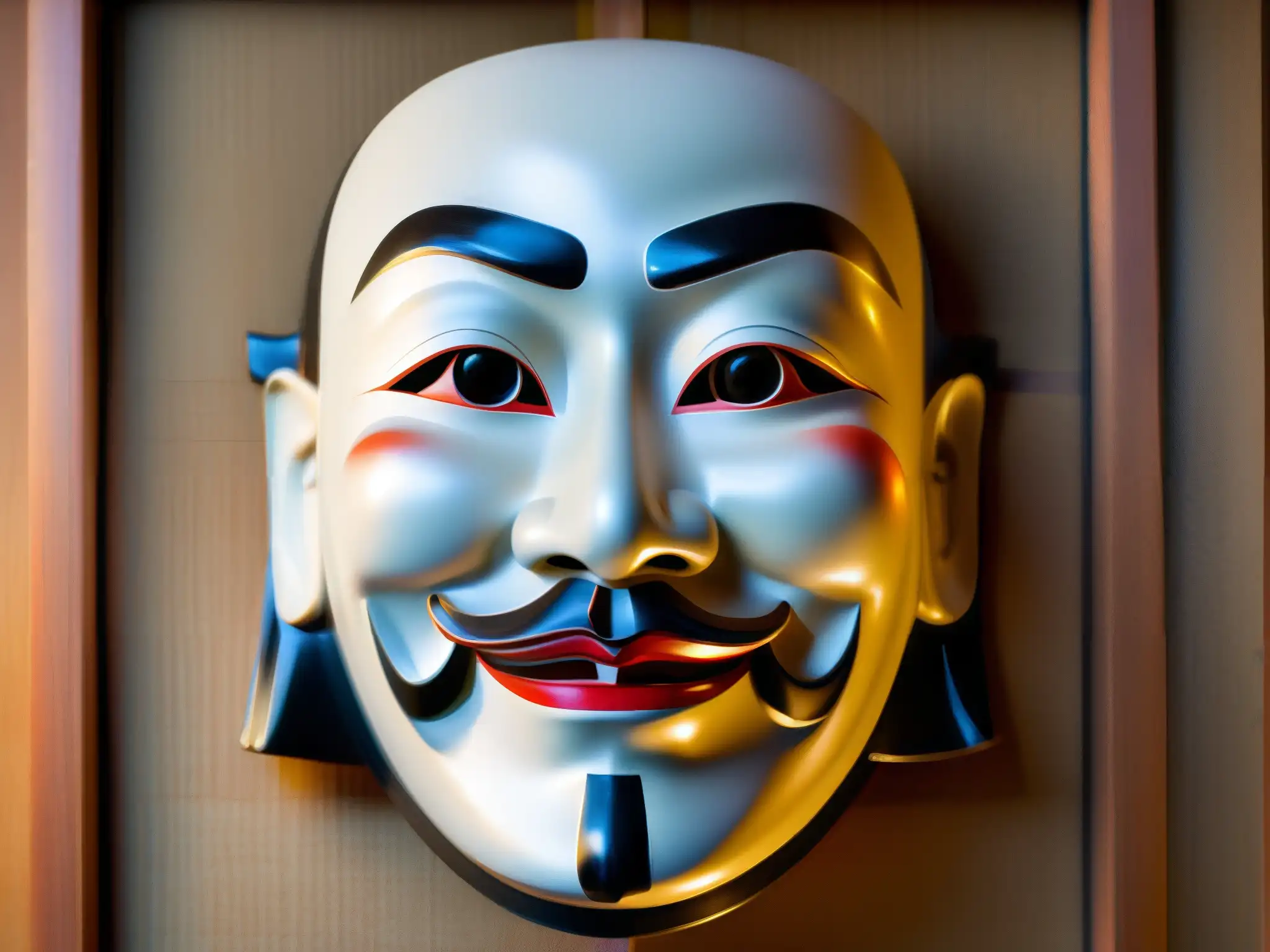 Una máscara tradicional japonesa Noh, tallada a mano con detalles intrincados y una expresión serena y enigmática