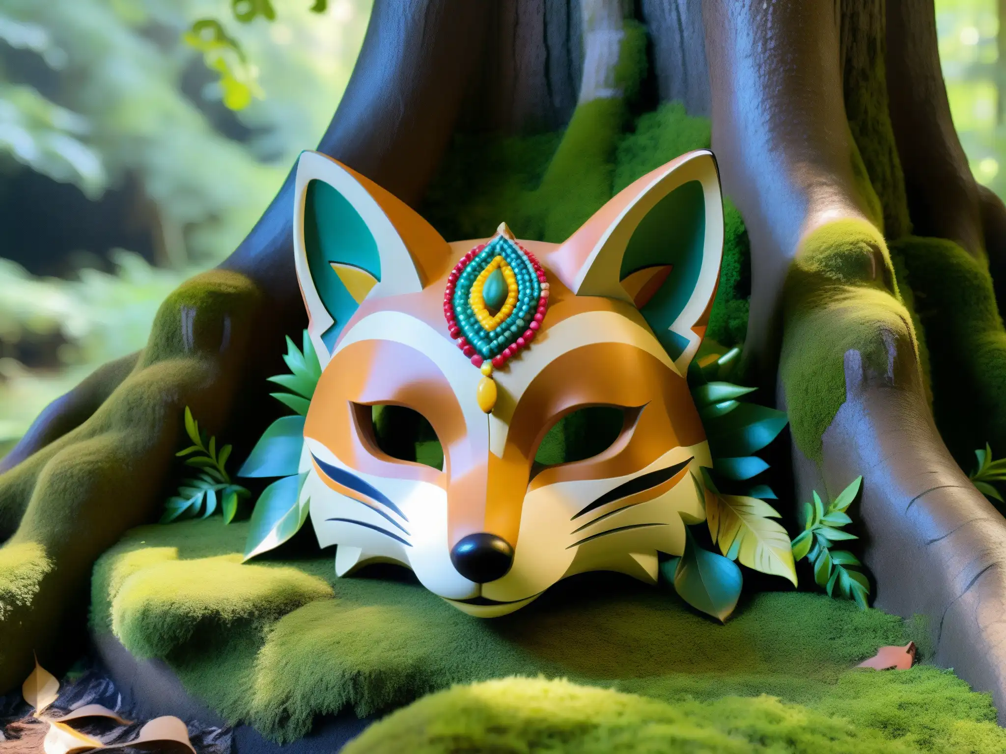 Una máscara de zorro tallada con detalle, con cuentas y plumas, reposa en una piedra cubierta de musgo en un claro de bosque sereno