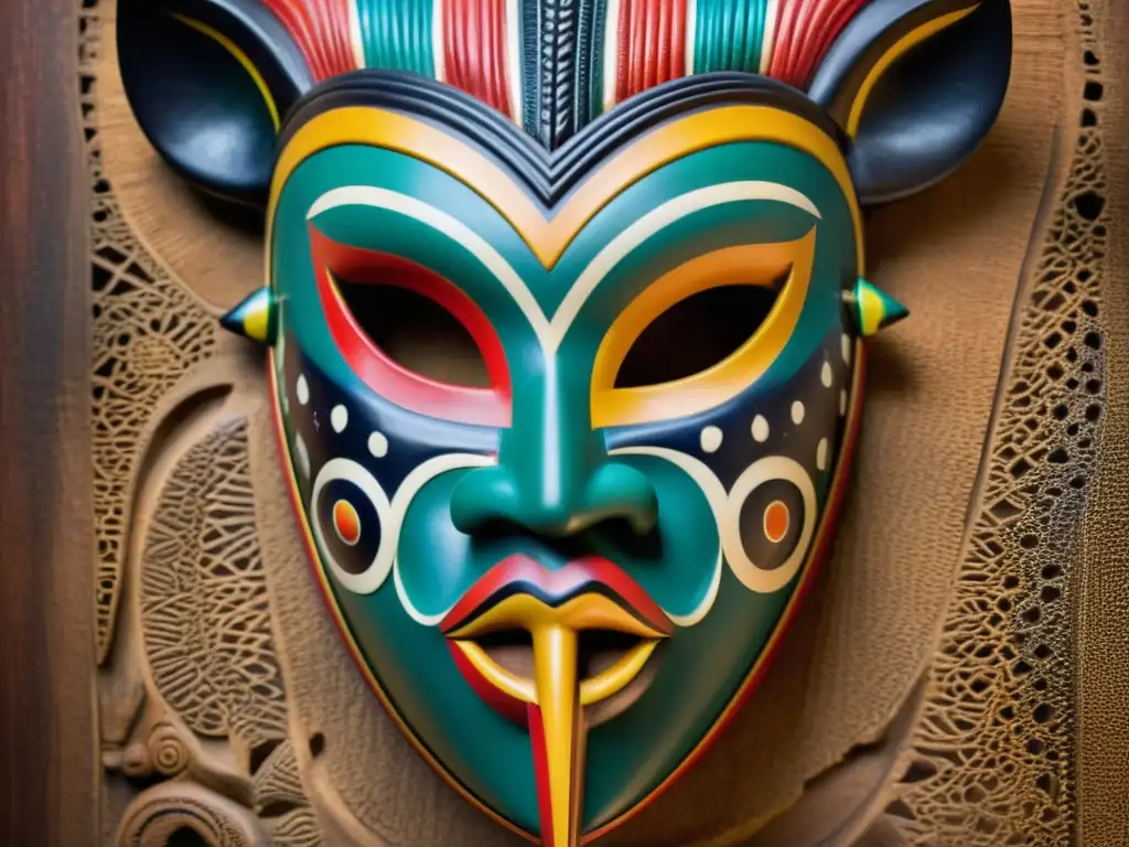 Dos máscaras africanas detalladas, una benevolente y serena, la otra demoníaca y malévola, en contraste con el paisaje urbano africano