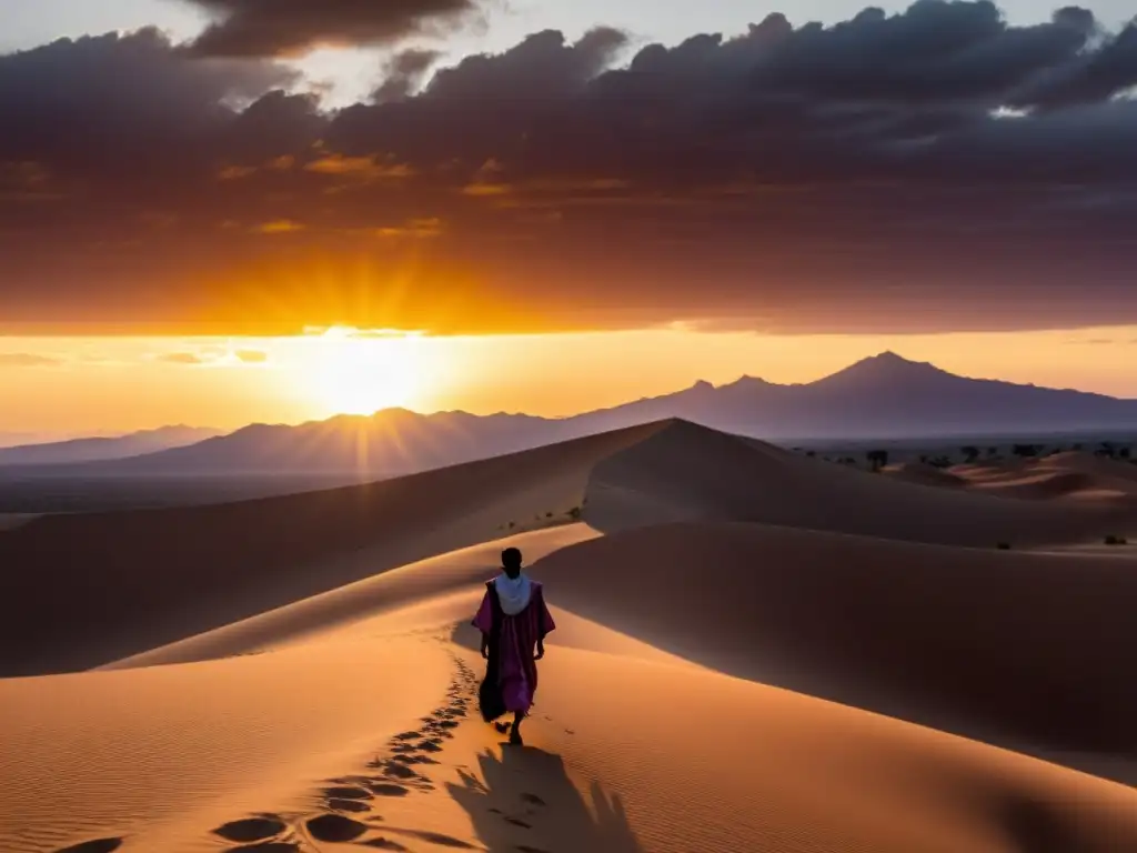 Un Massaw'a solitario se yergue en las dunas del desierto Etíope al atardecer, con un cielo de tonos cálidos y esencia de espíritus errantes