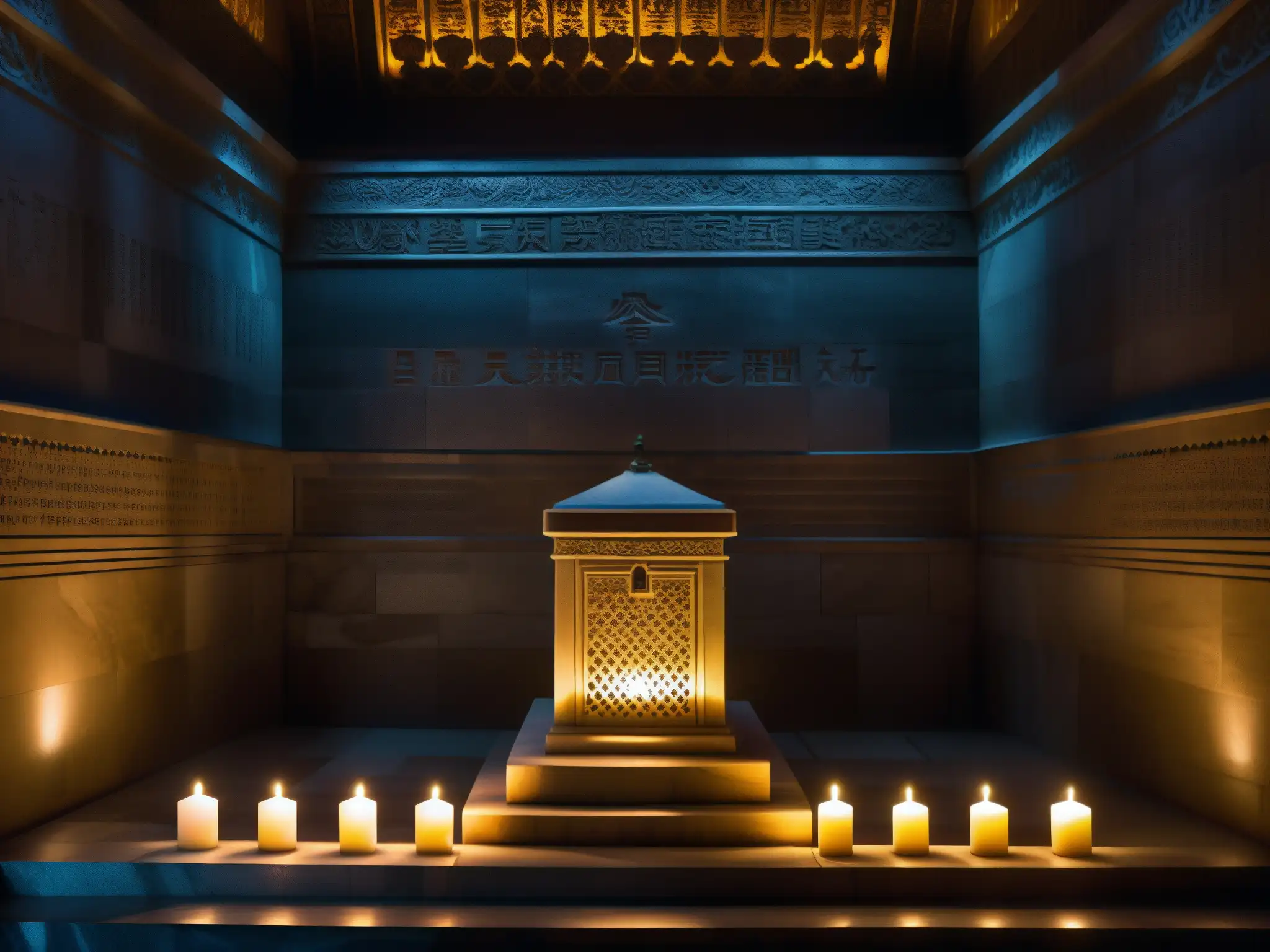 Un mausoleo subterráneo iluminado por tenues luces con sarcófagos de mármol de antiguos dictadores, rodeados de velas titilantes