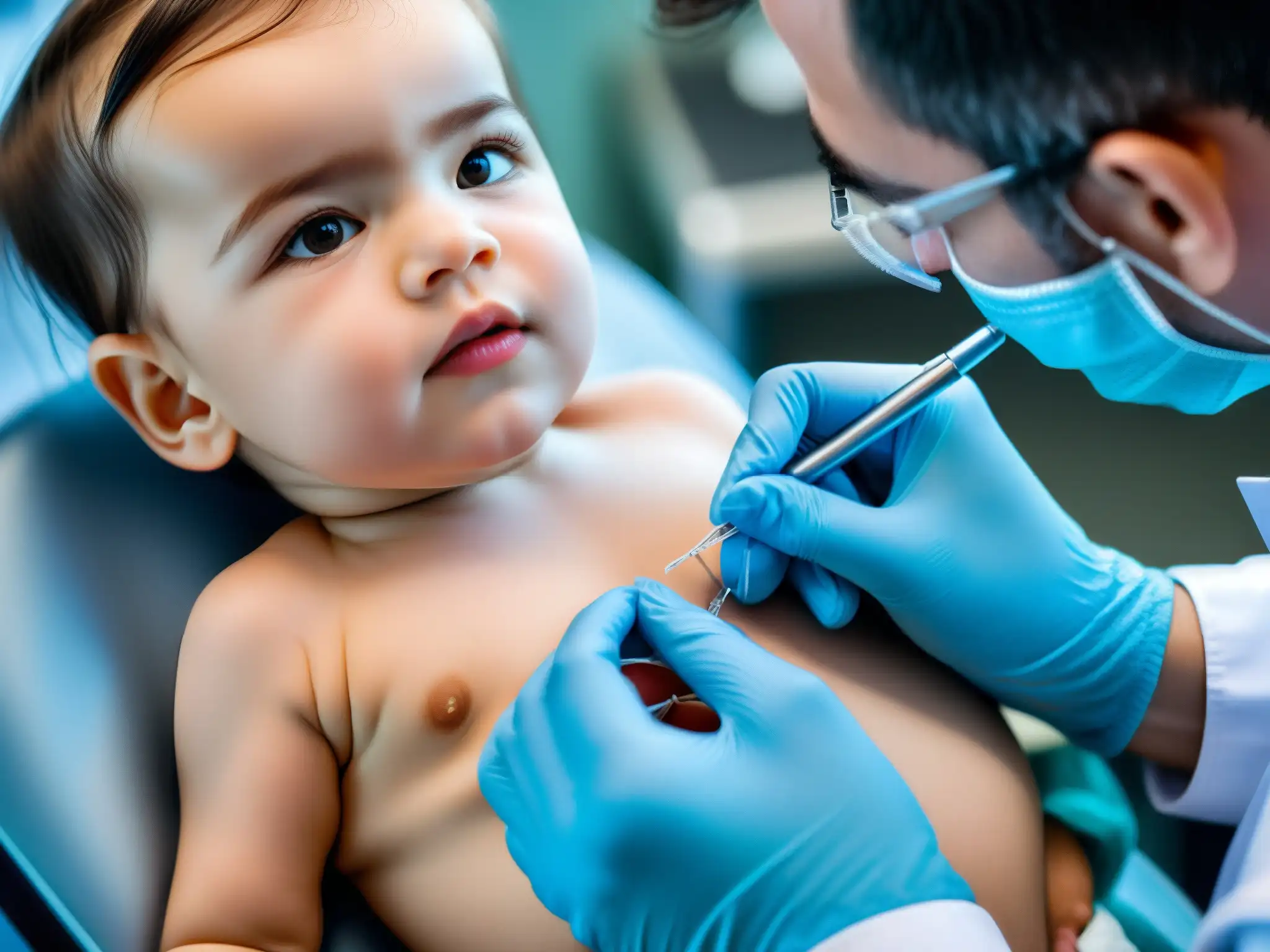 Un médico administra una vacuna a un niño, transmitiendo seguridad y cuidado, desmintiendo mitos urbanos sobre salud pública