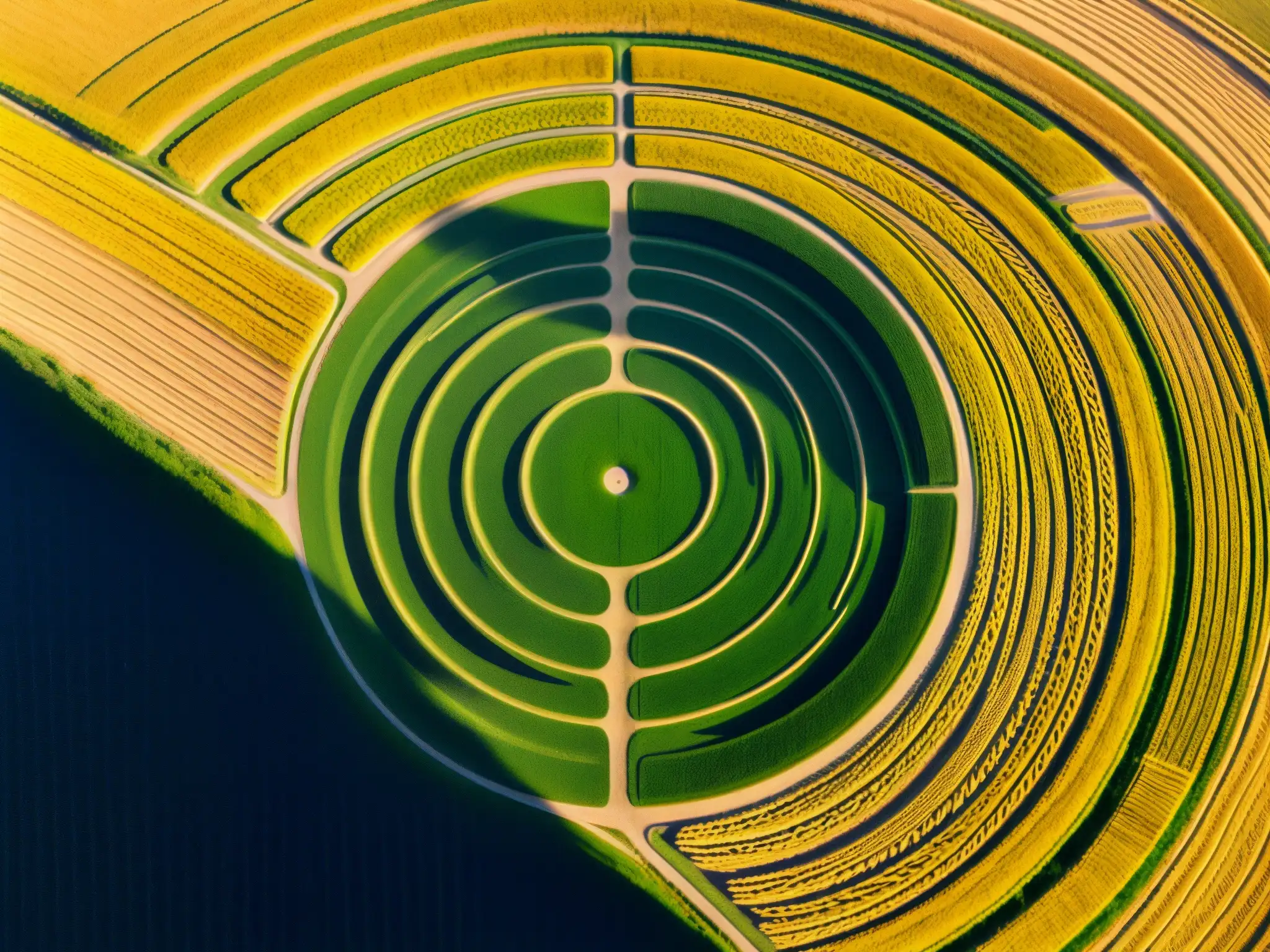 Mensajes extraterrestres en círculos de cultivos: Intrincado diseño geométrico en campo de trigo dorado, con sombras largas y atmósfera misteriosa