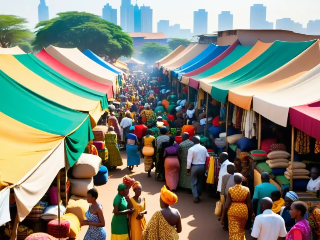 Mercado africano vibrante con telas y ropa tradicional, reflejando creencias ancestrales en la vida urbana africana