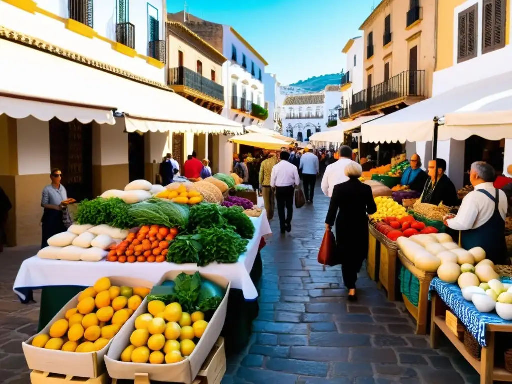 Mercado bullicioso en una ciudad andaluza, calles estrechas, edificios coloridos, gente y puestos rebosantes de textiles, cerámica y productos frescos