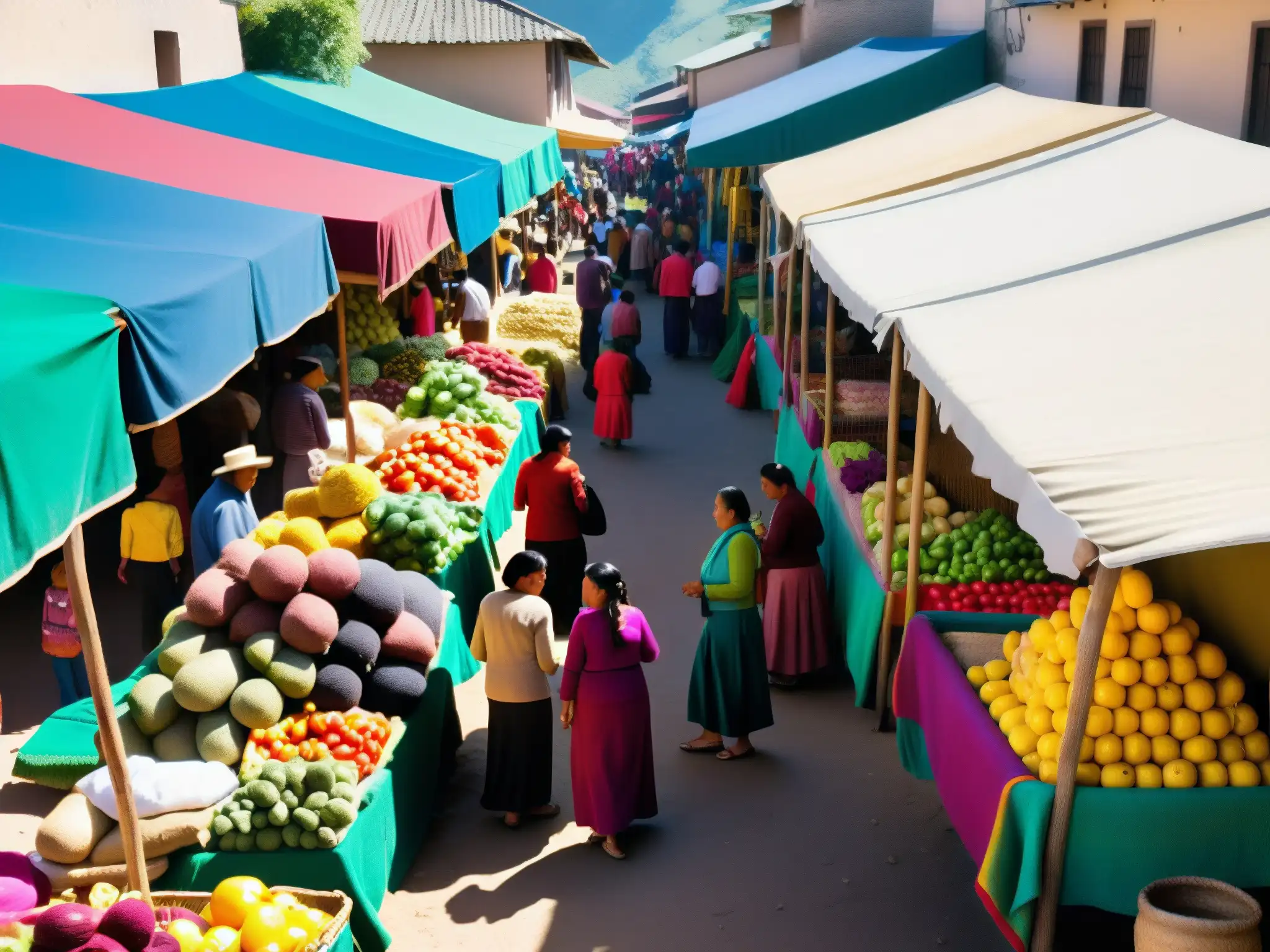 Un mercado bullicioso en Malabrigo, Perú, con colores vibrantes y gente conversando