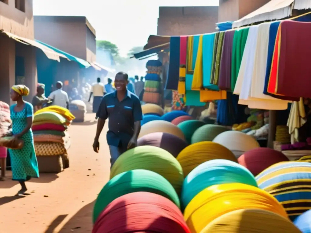 Un mercado bullicioso en Bamako, Mali, lleno de puestos coloridos vendiendo telas vibrantes, especias y artesanías