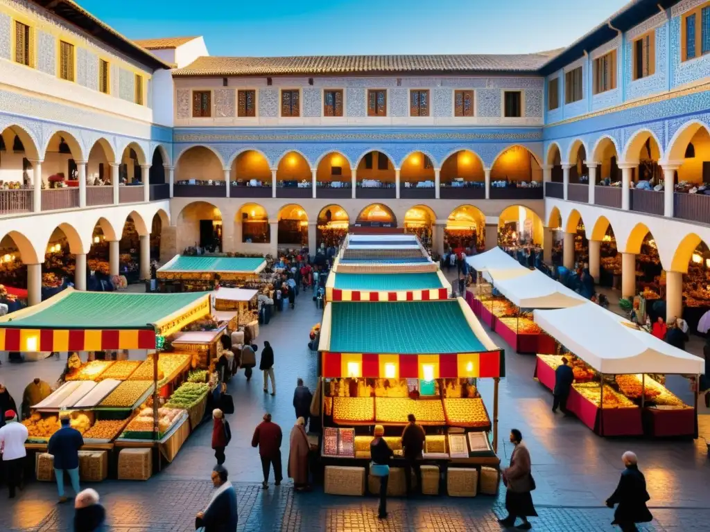 Un mercado bullicioso de la Al-Ándalus medieval, con colores vibrantes y patrones intrincados