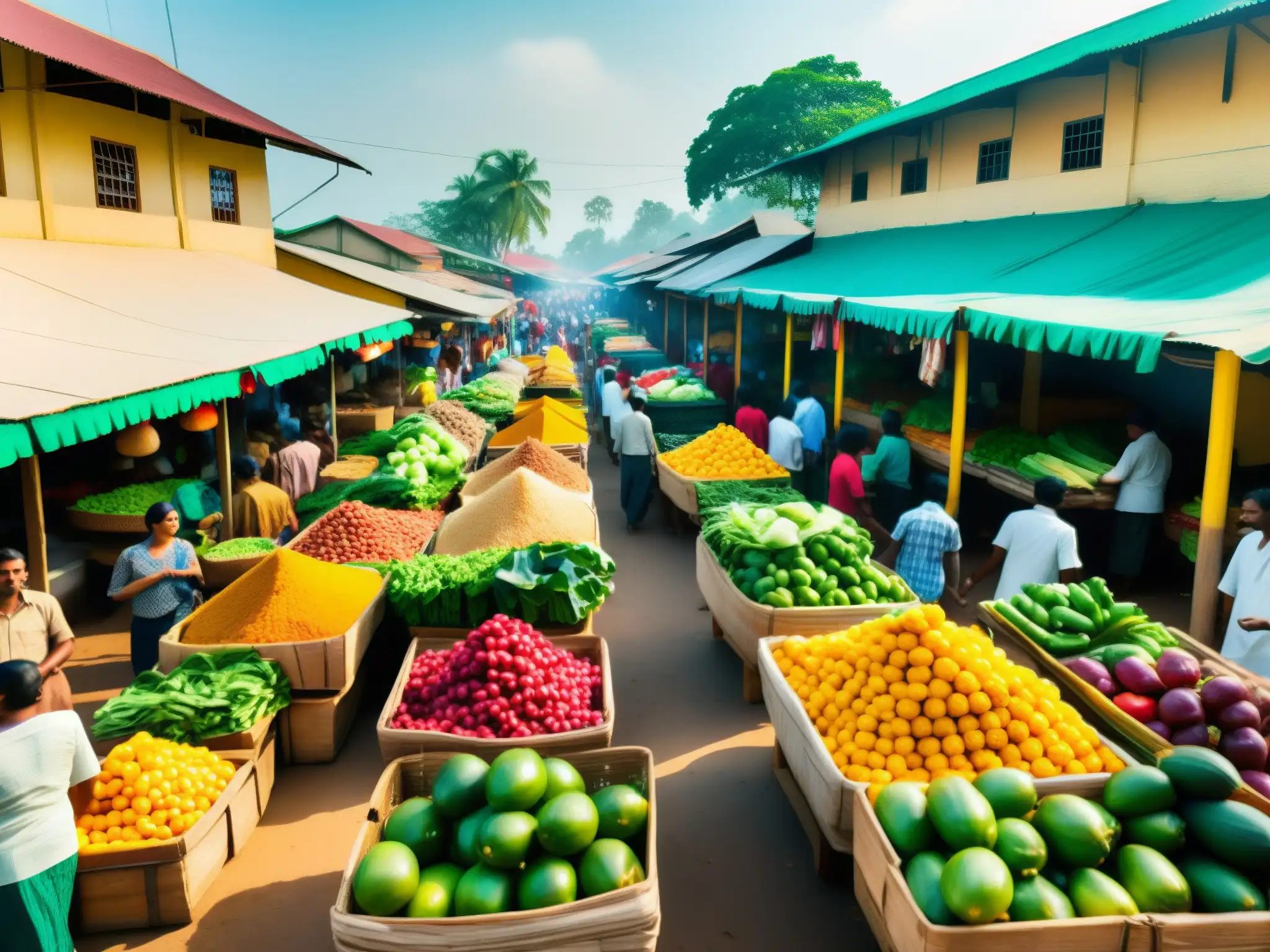 Un mercado bullicioso en Sri Lanka, con puestos coloridos, frutas frescas y gente animada bajo la cálida luz del sol