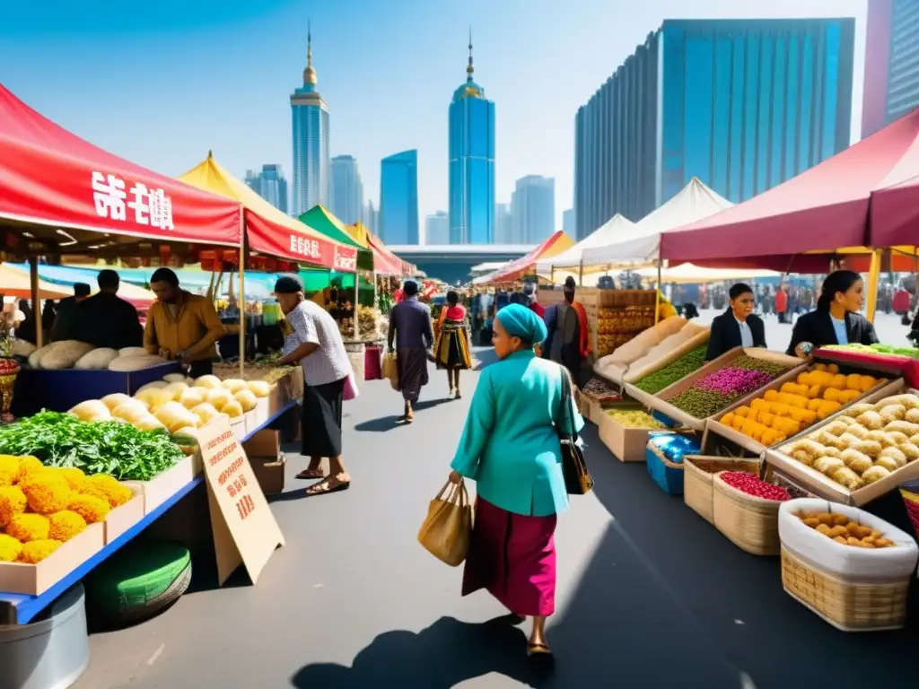 Un mercado callejero bullicioso en un entorno urbano vibrante, donde personas de diversas culturas interactúan y comercian