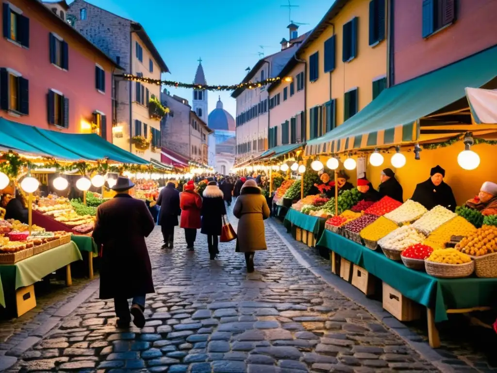 Mercado callejero italiano durante La Befana, con puestos coloridos y decoraciones festivas en calles empedradas iluminadas