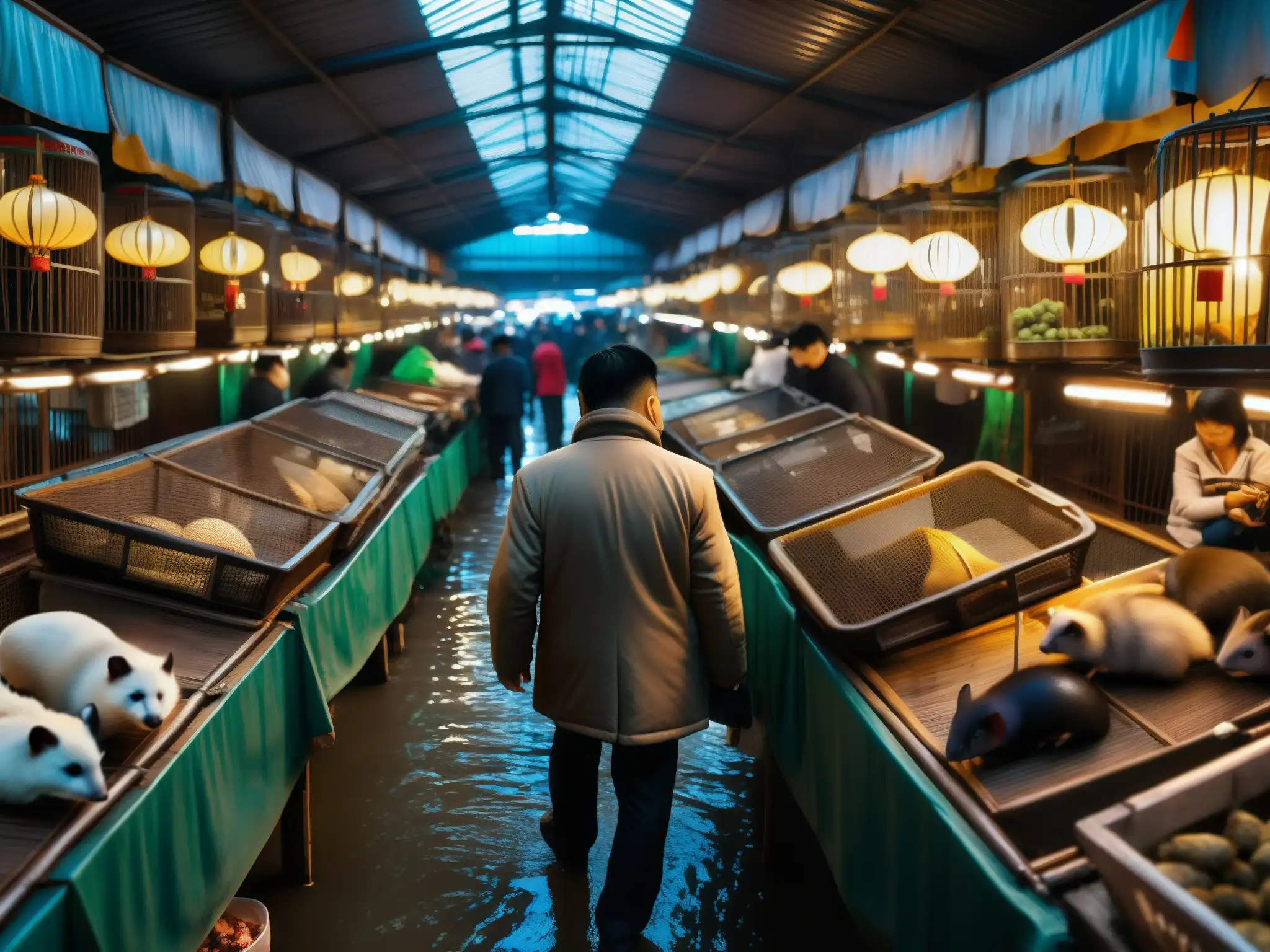 Un mercado húmedo en Wuhan, China, lleno de animales exóticos en jaulas