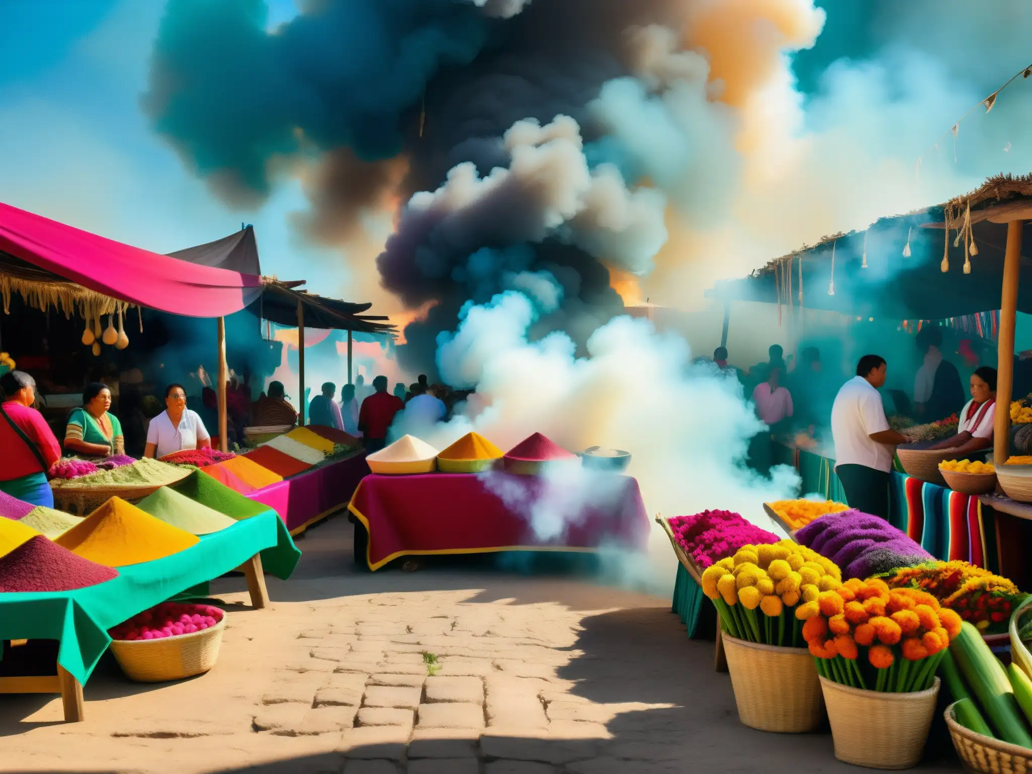 Un mercado mexicano tradicional bullicioso con vendedores y productos coloridos