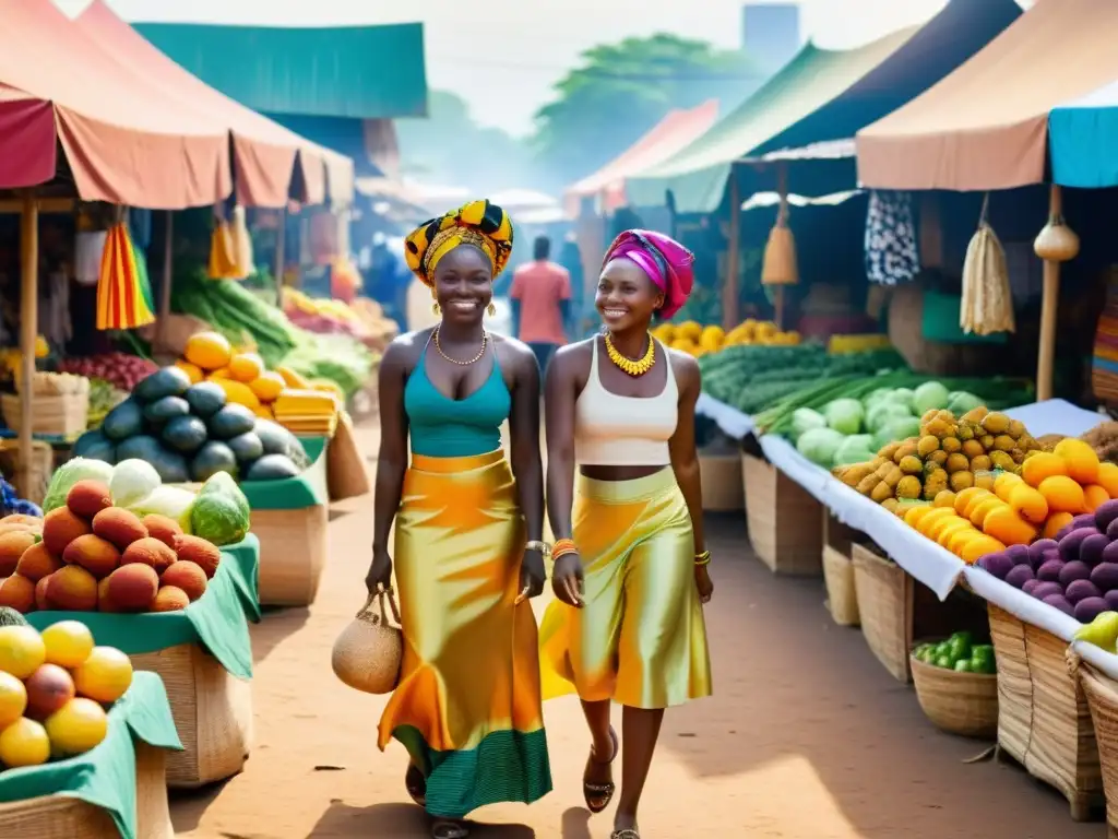 Mercado ghanés vibrante con colores, textiles, artesanías y frutas frescas