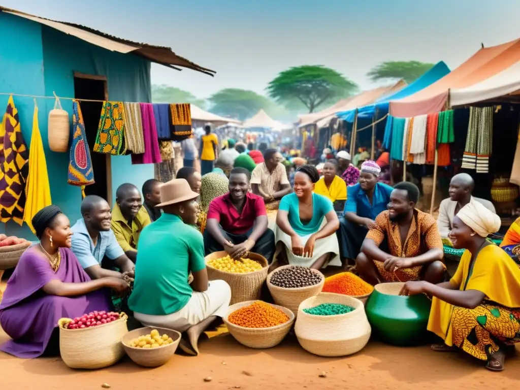 Un mercado vibrante en África Occidental, con textiles coloridos y vendedores animados que reflejan el origen misterioso de Anansi