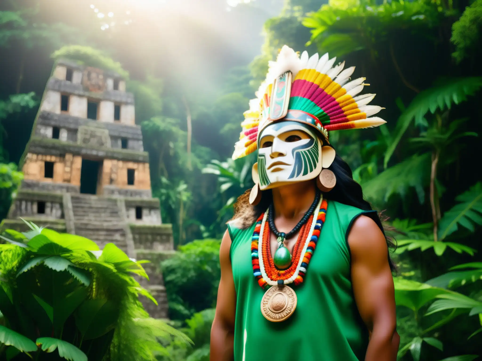 Un chamán indígena mexicano en la selva, sosteniendo una máscara nahual, rodeado de ruinas antiguas