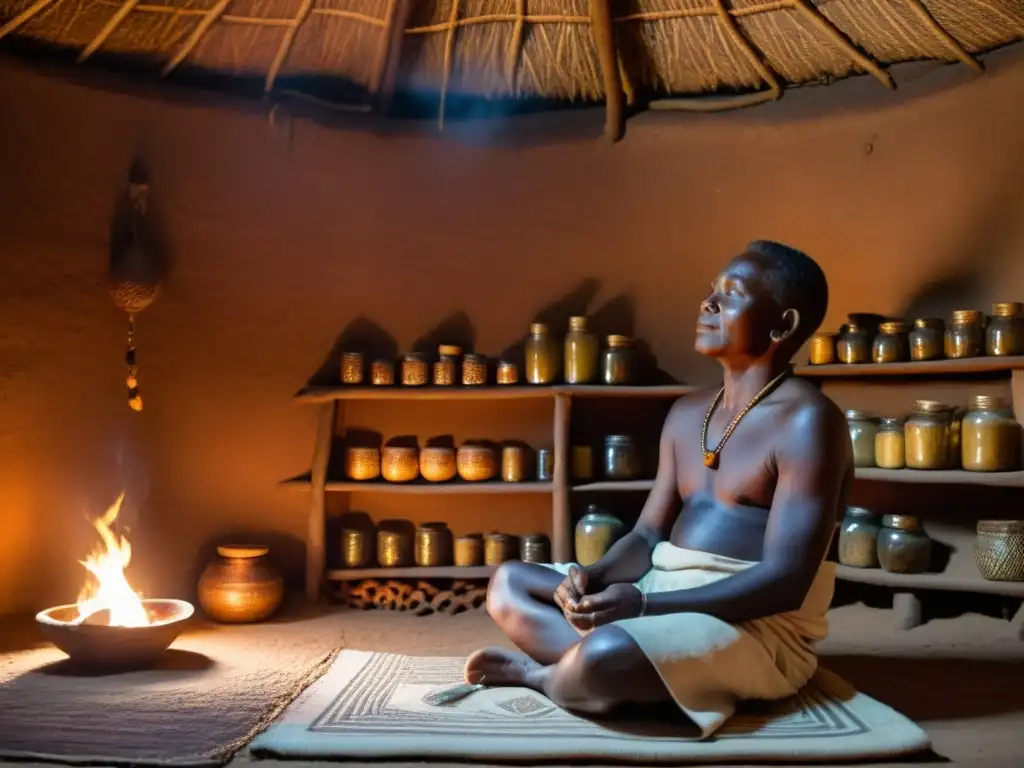 Un Mganga Swahili tradicional prepara una cura en una choza iluminada por el fuego