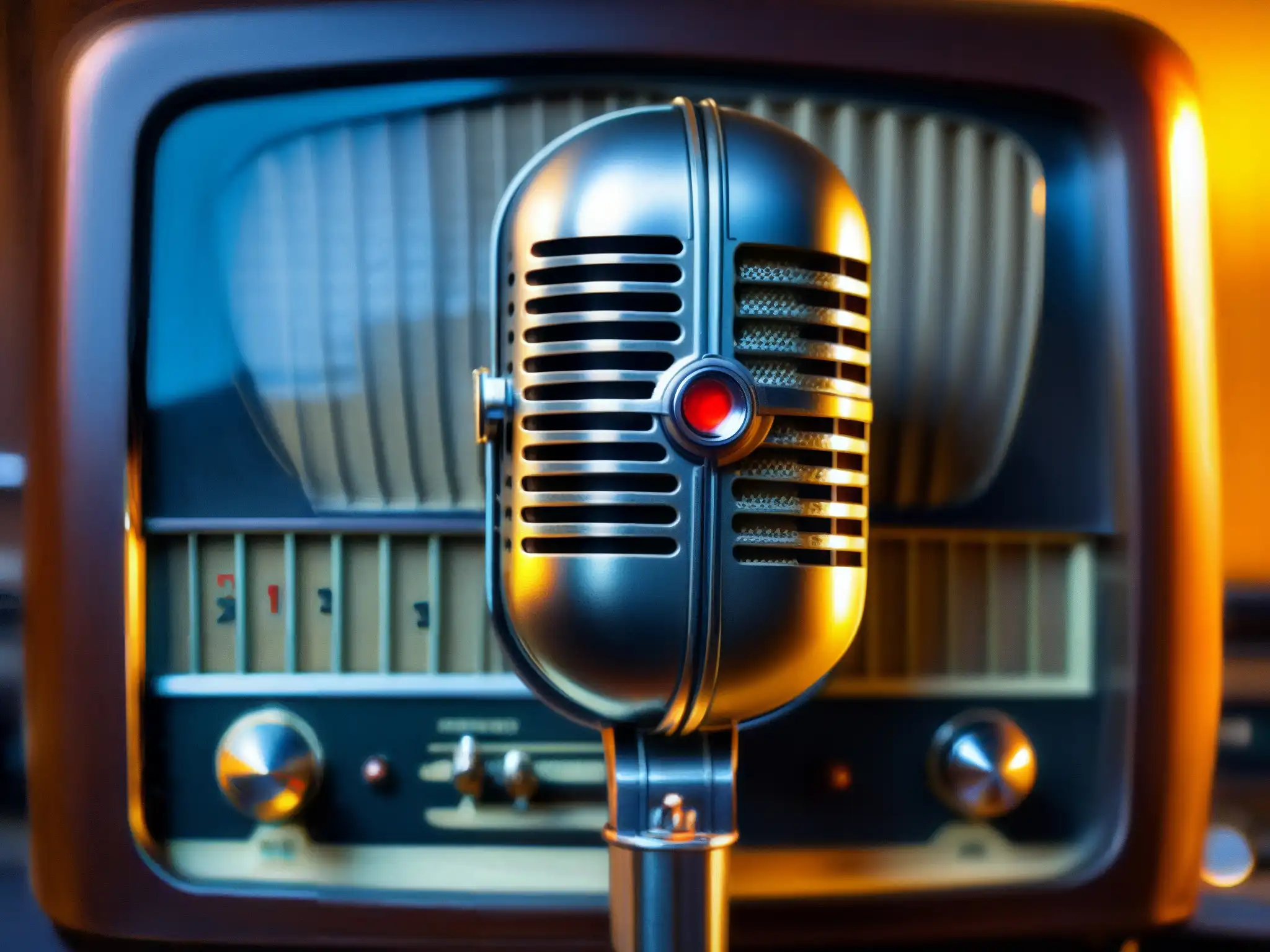 Un micrófono antiguo y desgastado frente a equipos de radio vintage, evocando el enigma detrás de la leyenda