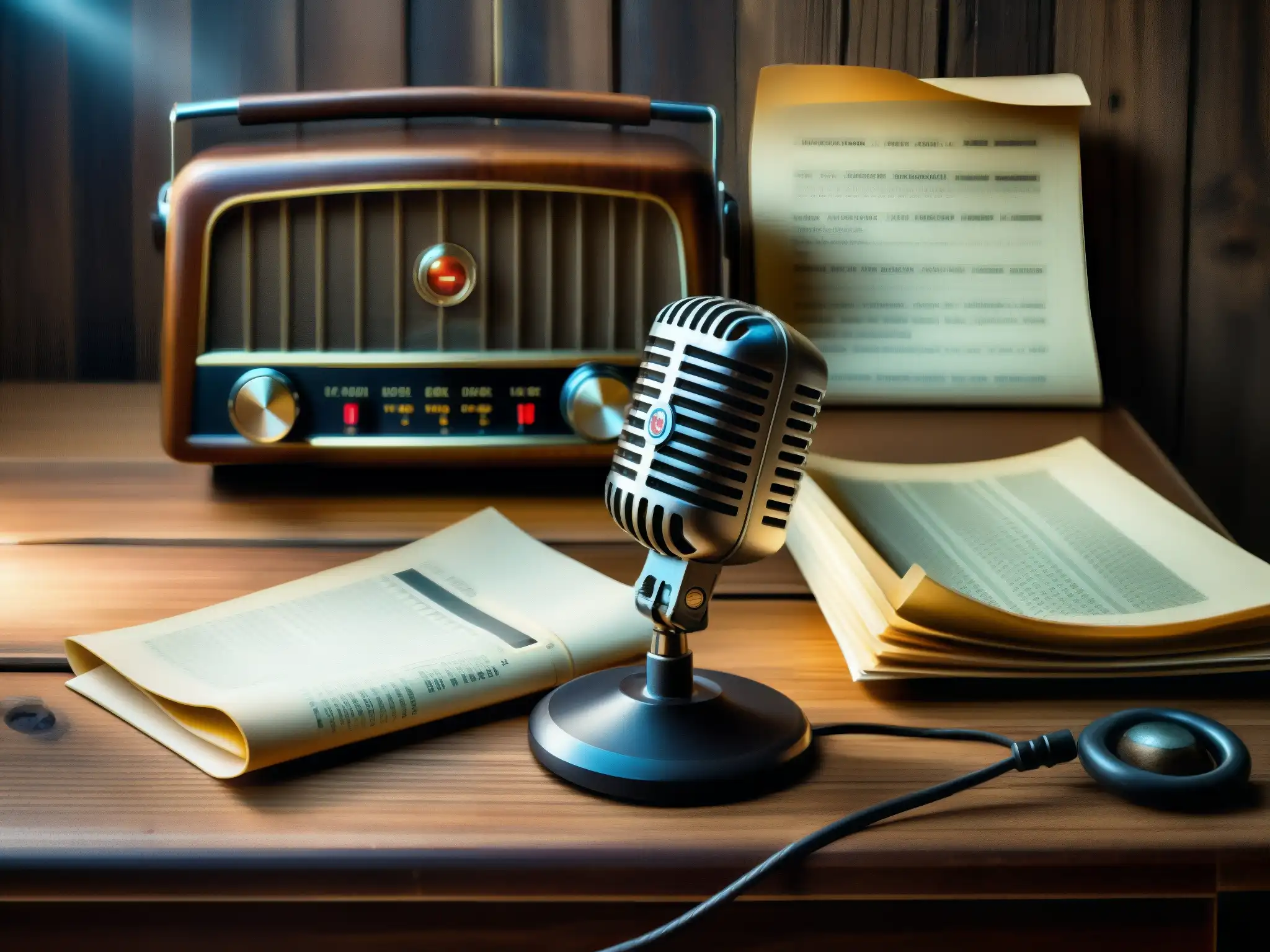 Un micrófono antiguo descansa en un escritorio de madera con papeles dispersos, mientras una radio vintage emite estática