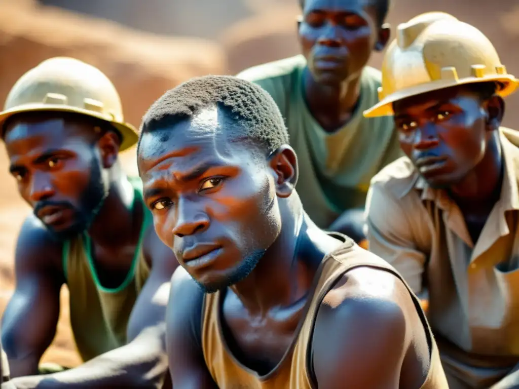 Mineros ghaneses trabajan exhaustos en minas de oro, con rostros cubiertos de polvo y sudor