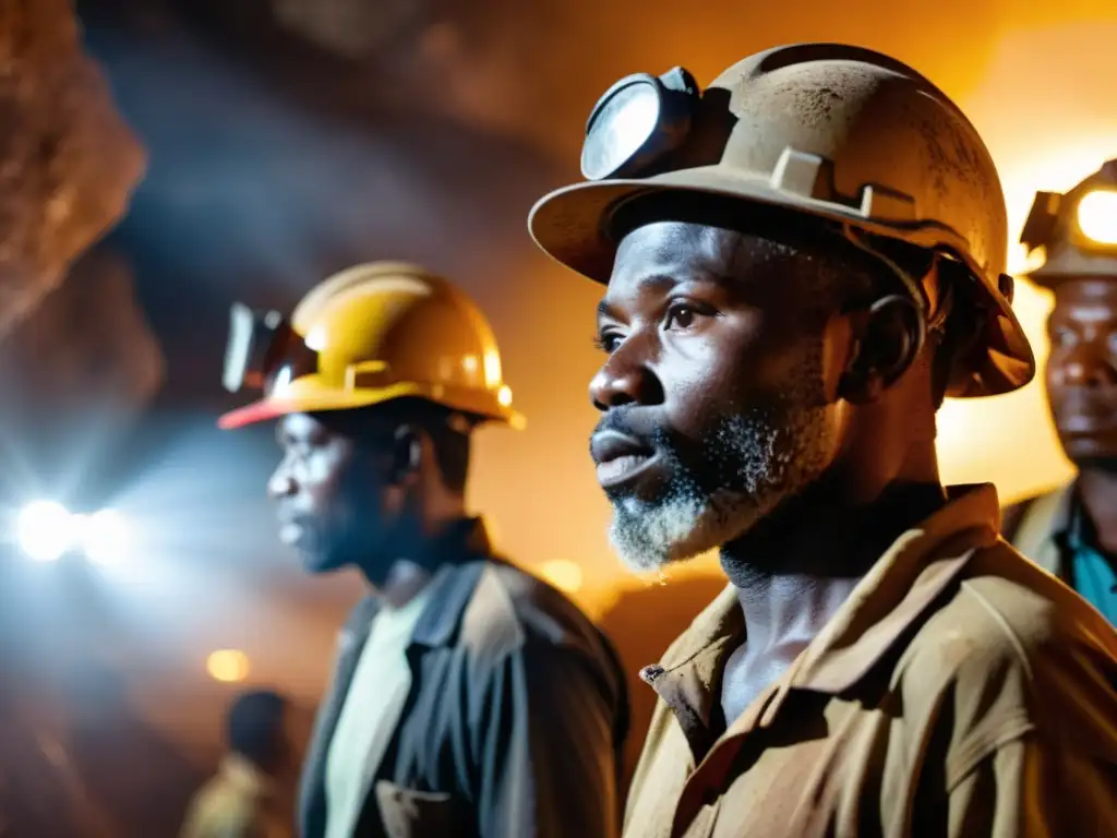 Mineros en mina oscura de Ghana, iluminados por lámparas frontales, con rostros de determinación