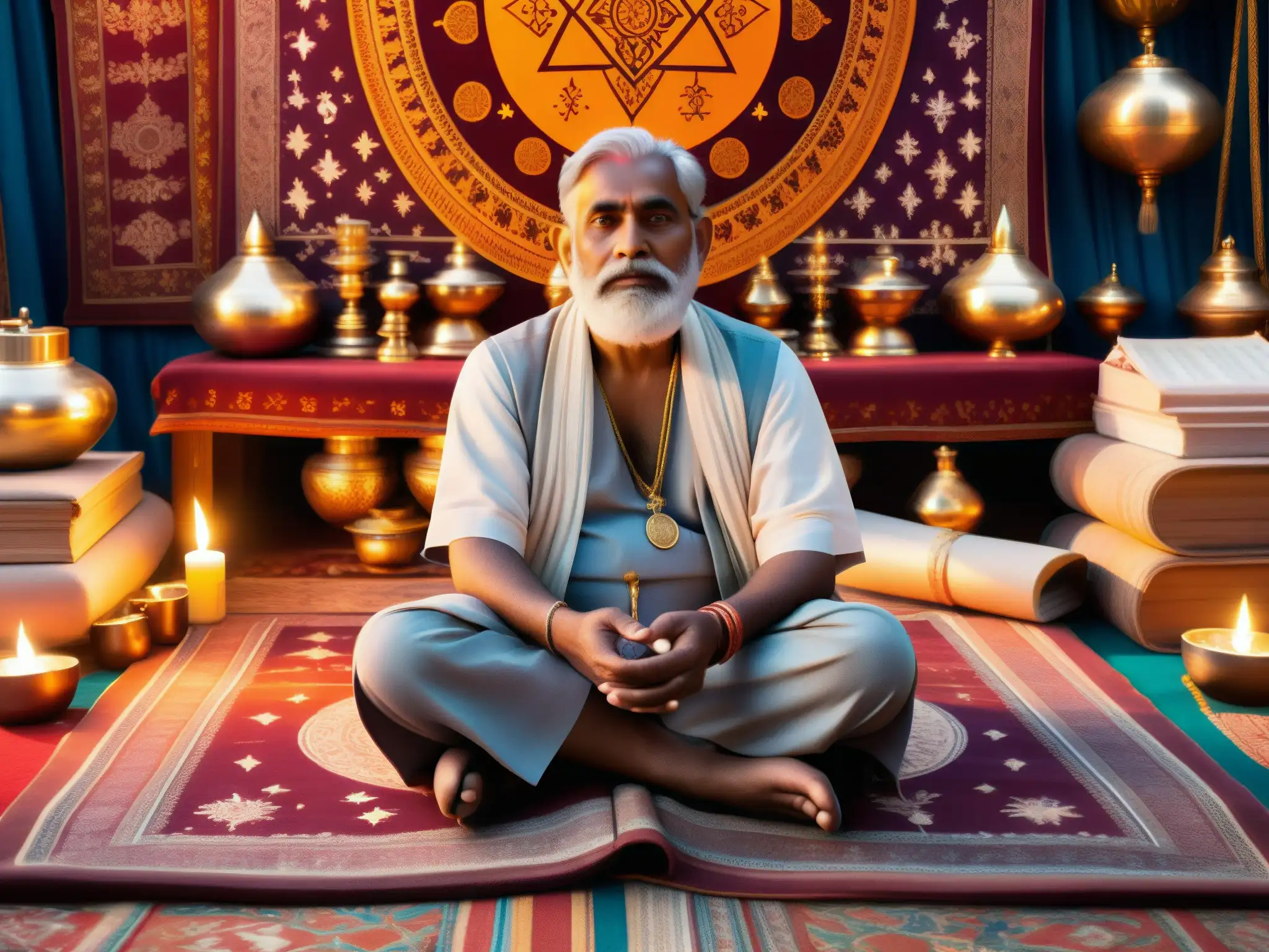 Misterio del astrólogo errante predicciones: Anciano hindú en vibrante mercado con libros y gráficos astrológicos