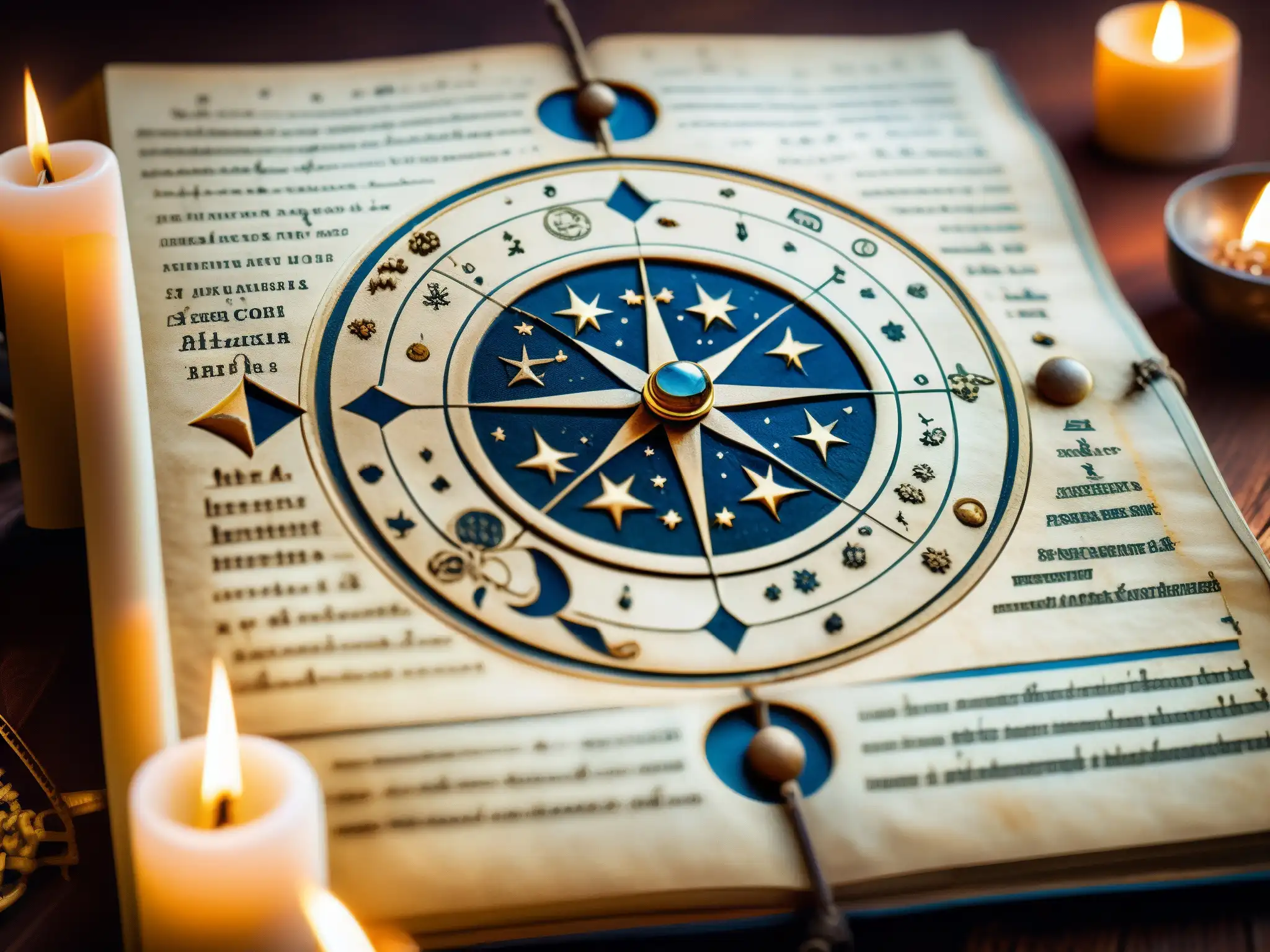 Misterio del astrólogo errante predicciones: antiguo manuscrito con símbolos astrológicos detallados, iluminado por luz de velas