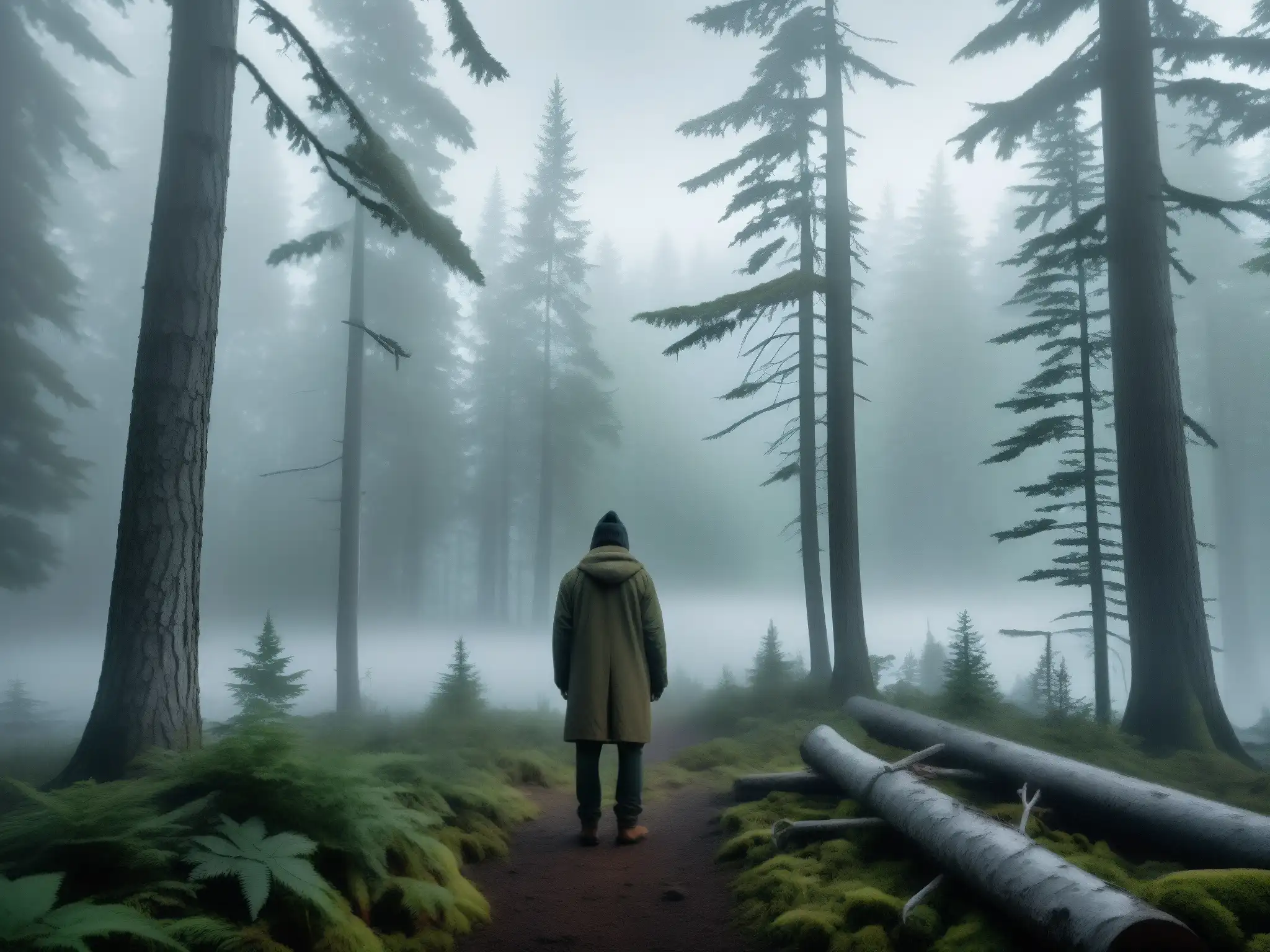 Misterio del Wendigo en Canadá: Un bosque neblinoso y silencioso, con árboles densos y nieve en el suelo
