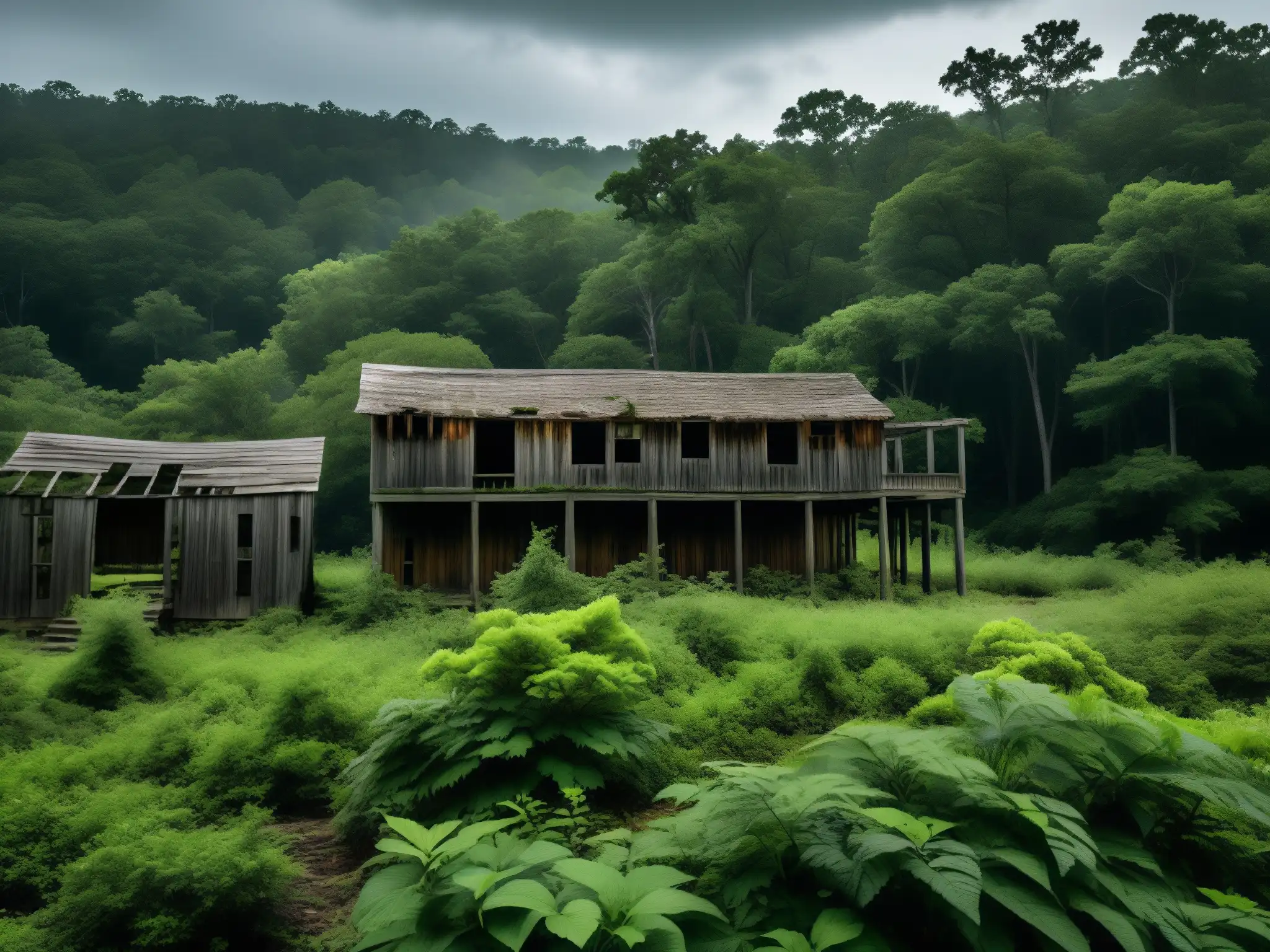 Misterio de la desaparición de la colonia Roanoke: ruinas abandonadas y cubiertas de vegetación bajo un cielo nublado y sombrío